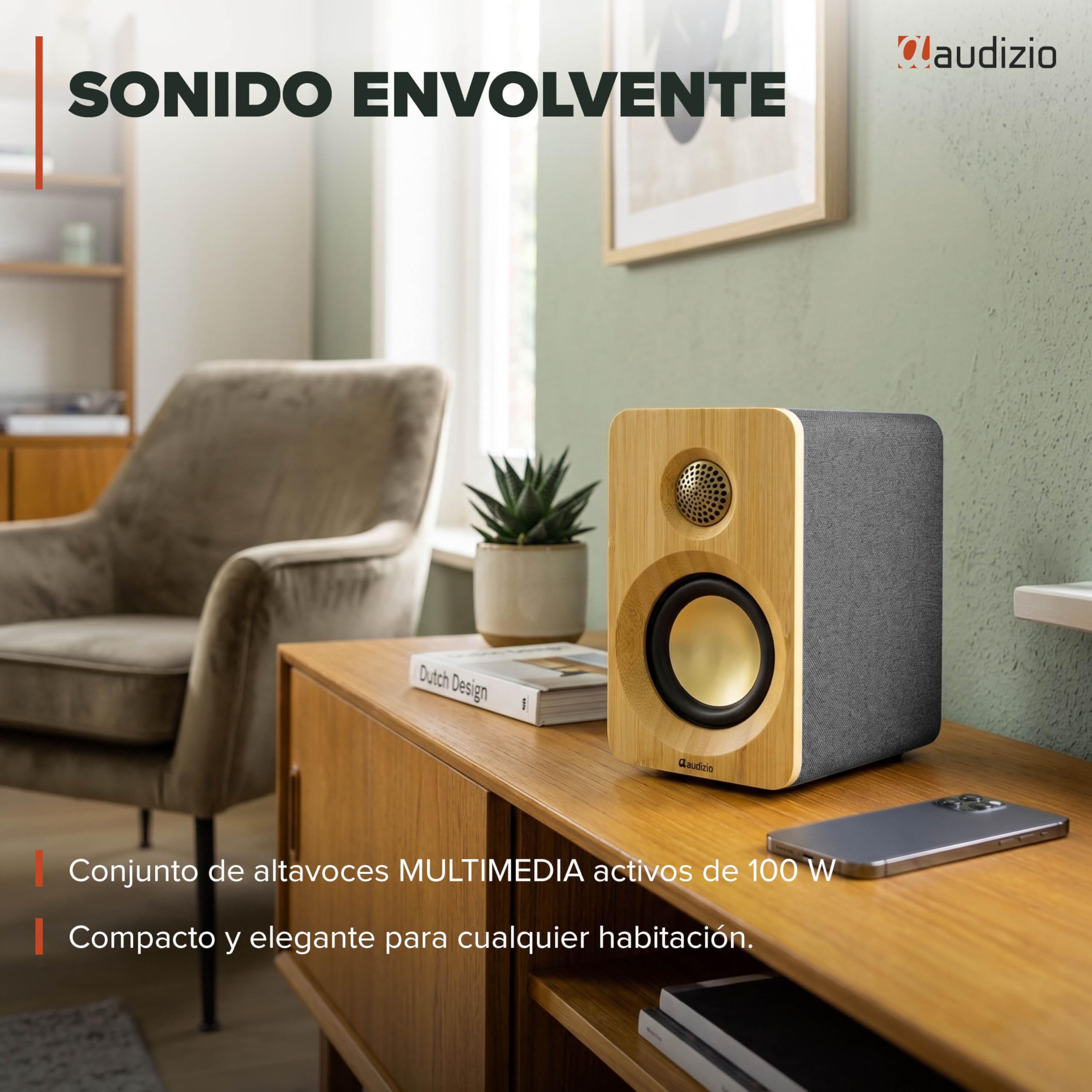 Audizio KS16 – Altavoces HiFi Activos 100W con Bluetooth 5.3, USB-C, Salida subwoofer, Amplificador Integrado, Altavoces de estanteria para música, Ordenador y Tocadiscos, Color bambú