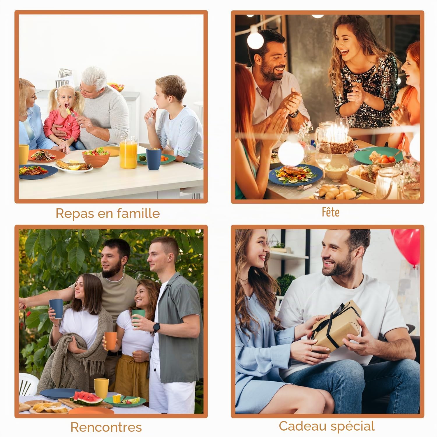 Wrova Service de table en plastique 40 pièces – Service pour 8 personnes | Assiettes et bols | Service de vaisselle incassable – Assiettes plates, assiettes à dessert, bols à céréales, verres à boire