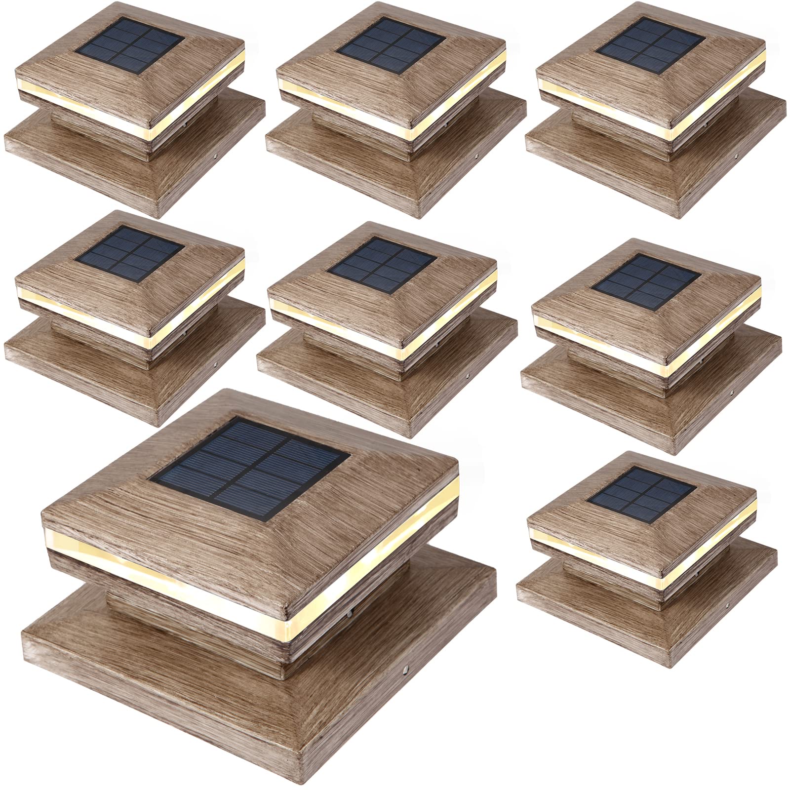 Viewsun 8 Pack Solar Post Cap Lights, Outdoor Fence Post Lights, Solar Powered Wood Grain Shell Caps for Deck, Patio Decor, Warm White High Brightness SMD LED Lamp Fits for 4x4 or 6x6 Wooden Posts