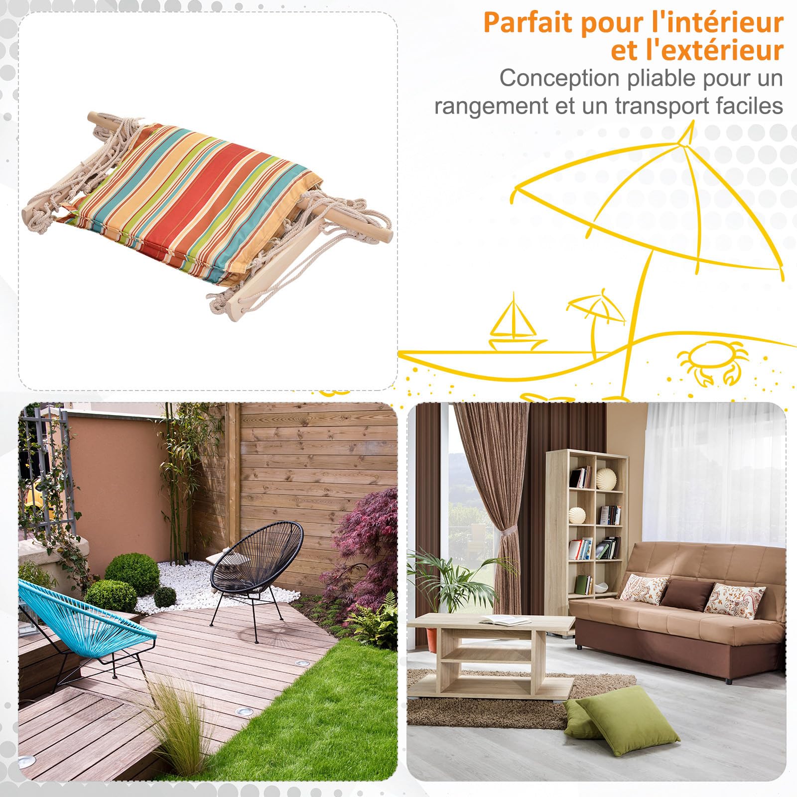 Outsunny Chaise Suspendue hamac de Voyage Respirant Portable dim. 100L x 106H cm Coton macramé Polyester Multicolore rayé
