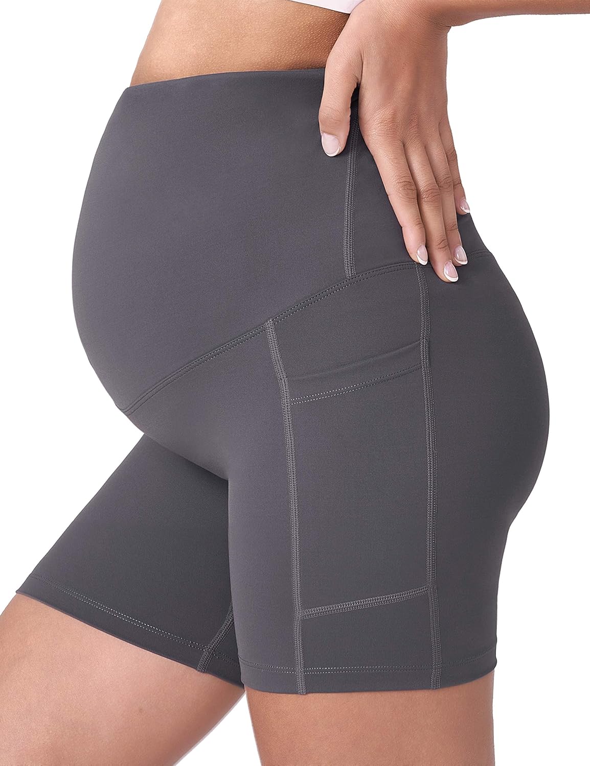 POSHDIVAH Women's Maternity Yoga Shorts Over The Belly Bump Summer Workout Running Active Short Pants with Pockets 5"/8" - Image 2