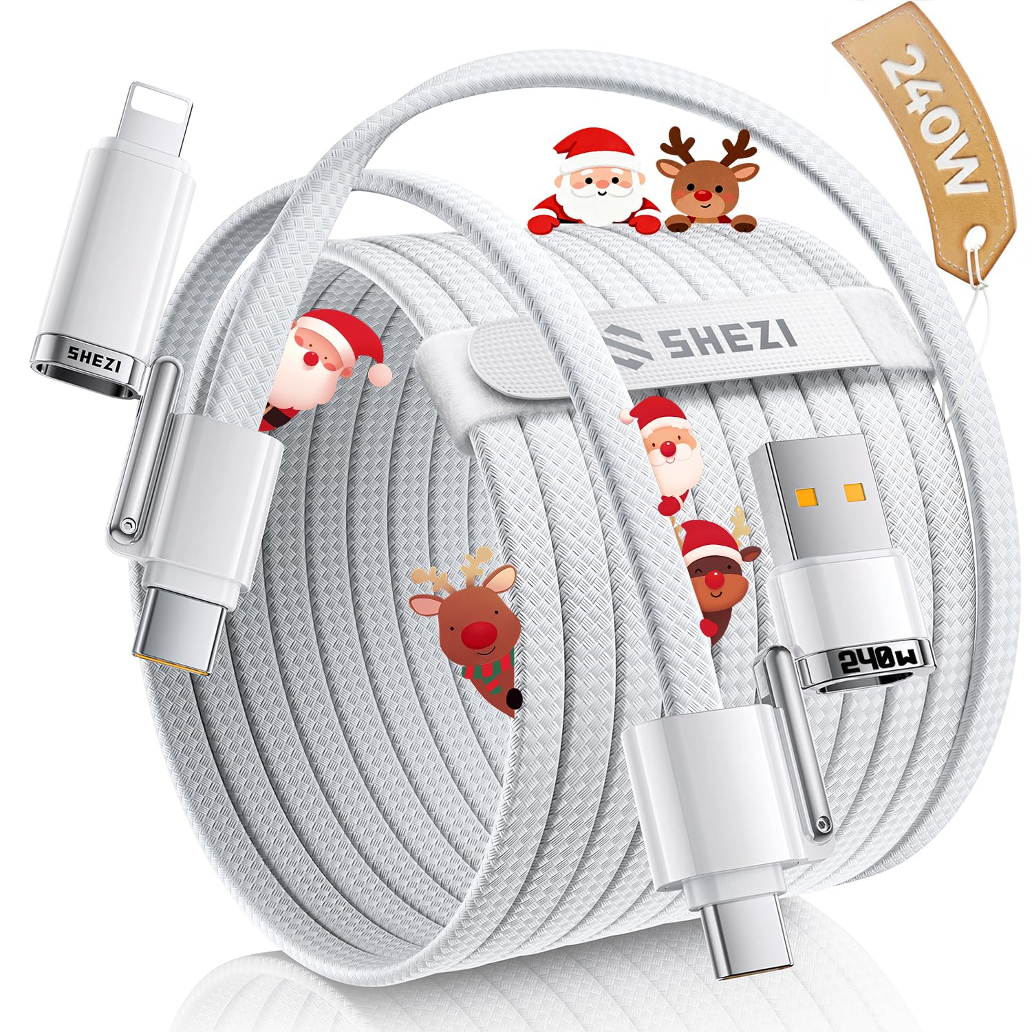 SHEZI Applstyle - Cable USB C a Lightning 4 en 1 de 5 pies, carga rápida de 240 W, transferencia de datos de sincronización de 15 segundos, soporte para CarPlay y Android Auto, USB A a tipo C, combo