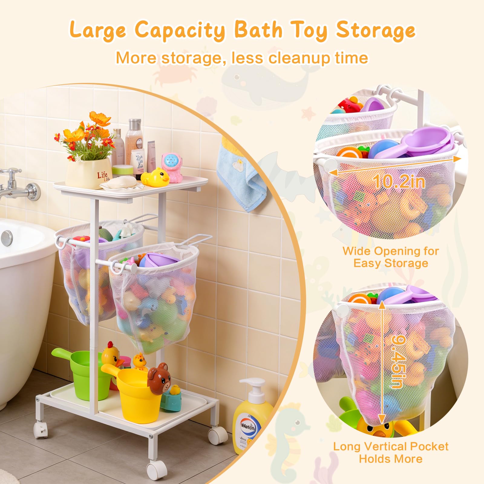 Organizador Juguetes de Baño - Carrito para Juguetes de Bañera con Ruedas | Carrito de almacenamiento para juguetes de baño de bebé, con 2 redes de secado rápido y estantes de ducha portátiles.