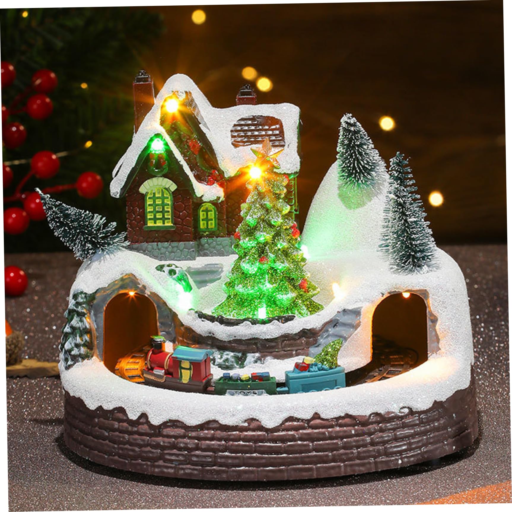 Figurines de Village de Noël avec Train tournant et Arbre Noël, Maison Village en résine avec Musique et lumière LED pour décoration fête, Ensembles