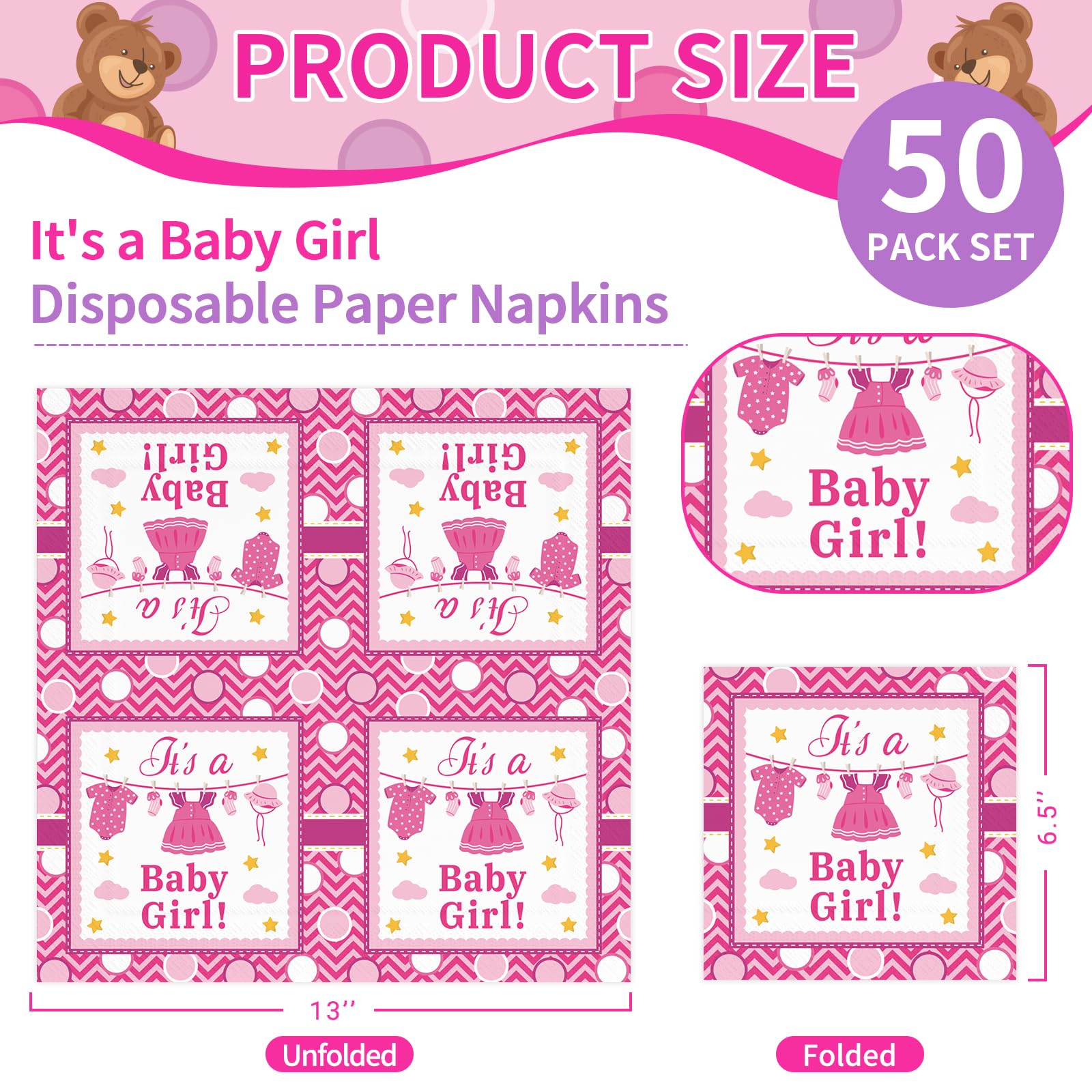 Snapklik.com : Pink Its A Baby Girl Napkins, Baby Shower Dinner Napkins ...