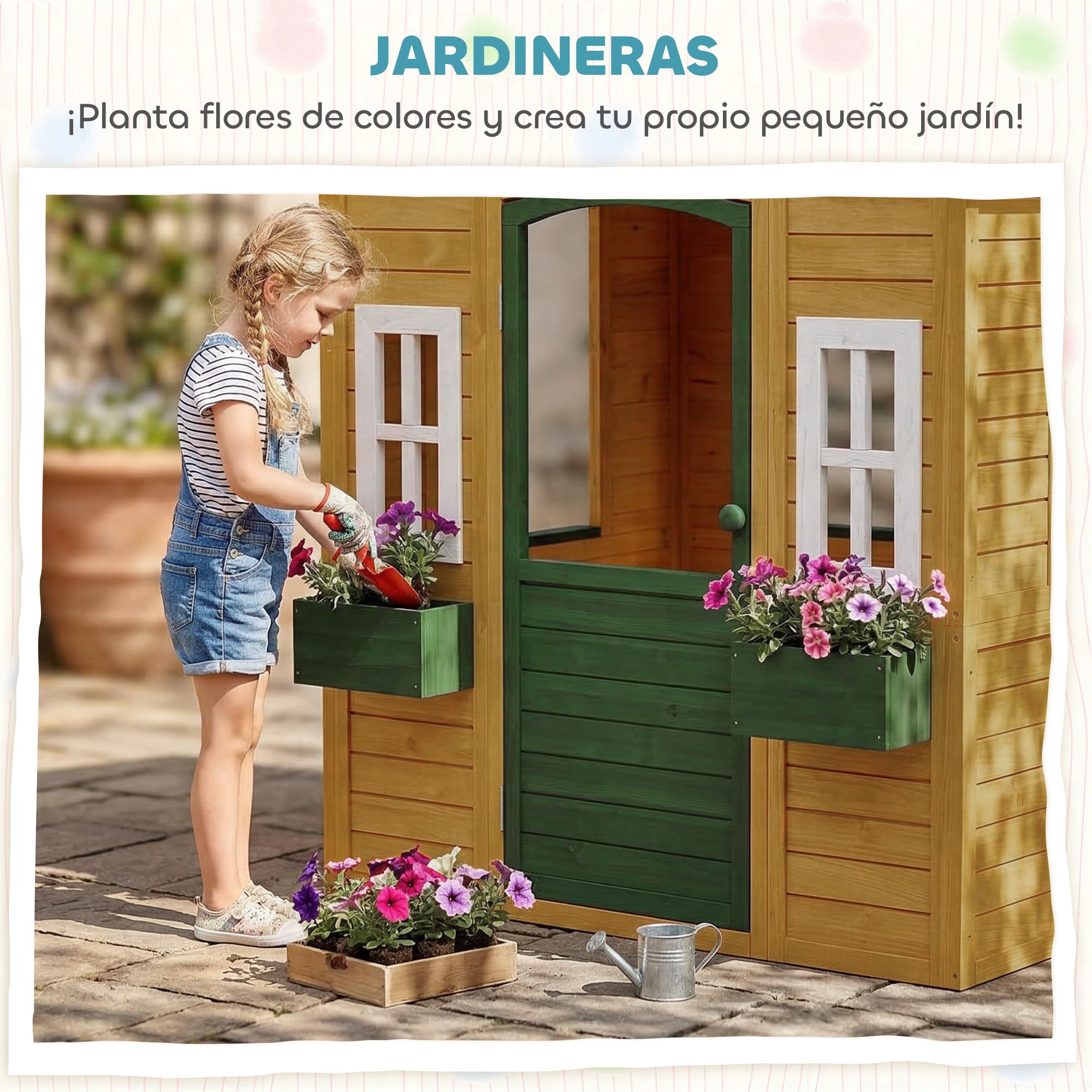 AIYAPLAY Casita Infantil Exterior e Interior de Madera, Casita Infantil con 2 Maceteros, 3 Ventanas, Media Puerta, Casa de Jardín para Niños de 3-8 Años, Marrón