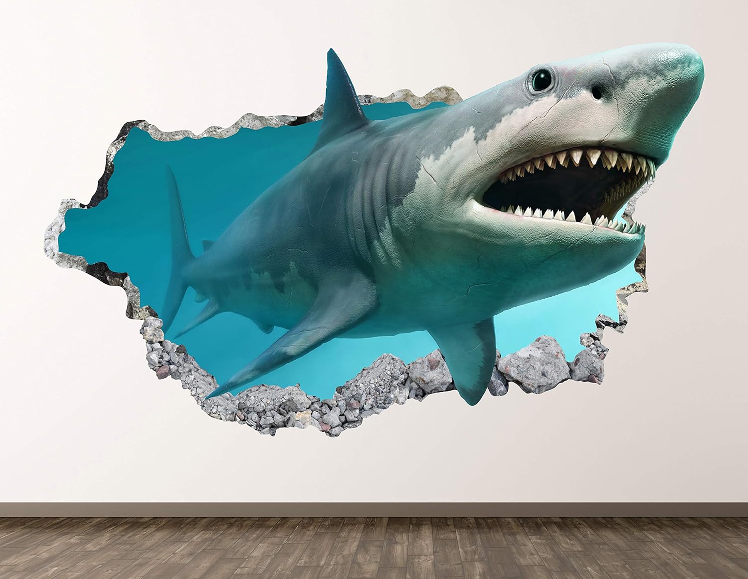 Ocean Shark Wall Decal Art Decor 3D Smashed Marine Animal Sticker Poster Kids Room Mural Custom Gift BL491 (42"W x 24"H)