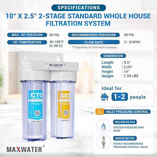 Miniatura 2 de Max Water 2 etapas (sedimento, olor y sabor mejorado) toda la casa de 10 pulgadas, sistema de filtración de agua estándar - Carcasa transparente -