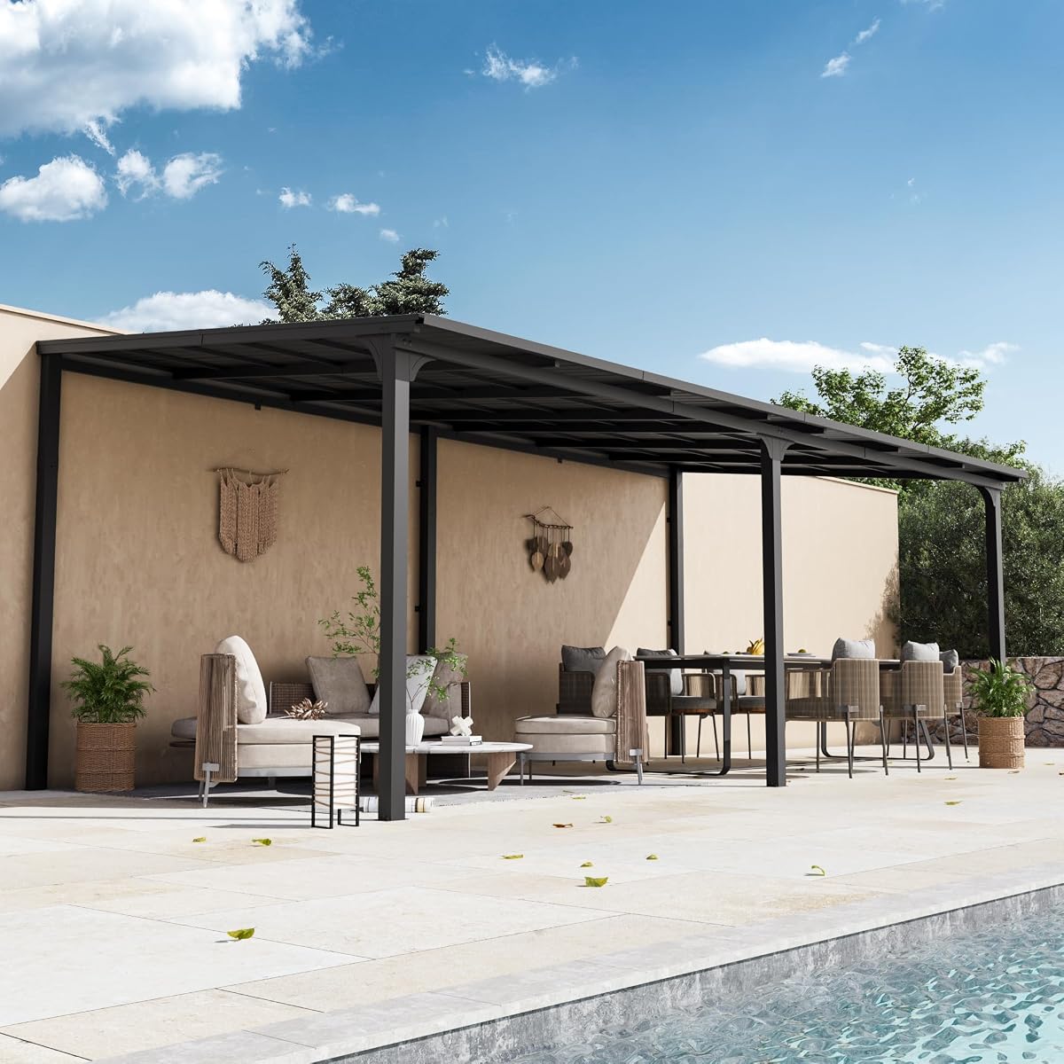 StoneCreek Gazebo inclinado a 10'x20', cenador montado en la pared con techo inclinado de acero galvanizado y canal de drenaje, pérgolas exteriores resistentes para patios, patio trasero, cubierta