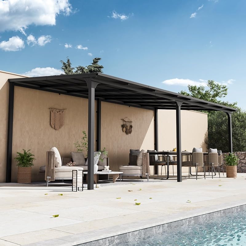 StoneCreek Gazebo inclinado a 10'x20', cenador montado en la pared con techo inclinado de acero galvanizado y canal de drenaje, pérgolas exteriores resistentes para patios, patio trasero, cubierta