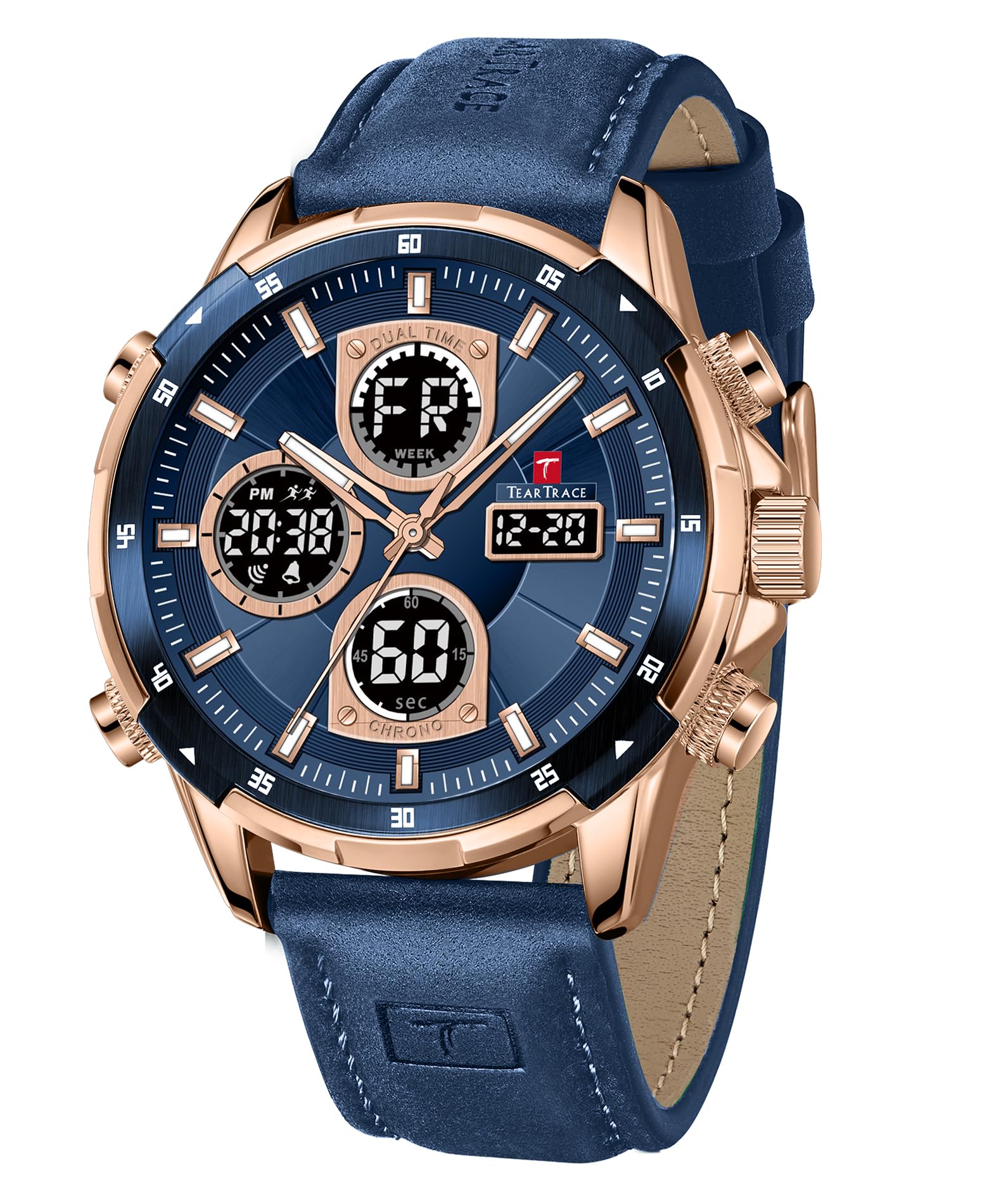 TEARTRACE Watches for Men Luxury Business Waterproof Calendar Leather Strap Digital Chronograph Analog Wristwatch, Gold+bule, casual mens wrist watches (B0CKXJ5PQH) Amazon Price History, Amazon Price Tracker