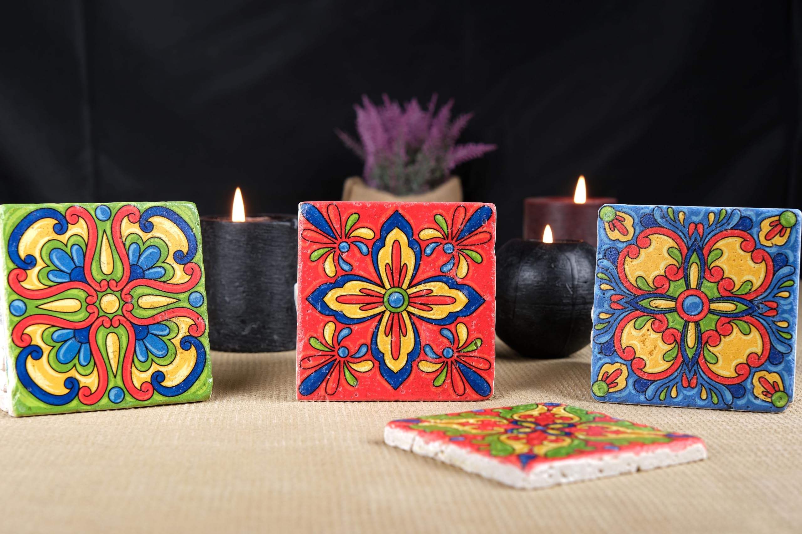 Mexican Talavera Stone Coaster Set of 4, absorbent square coasters. Talavera tile, heavy coasters. Coaster vintage. Christmas gift, Holiday gift.