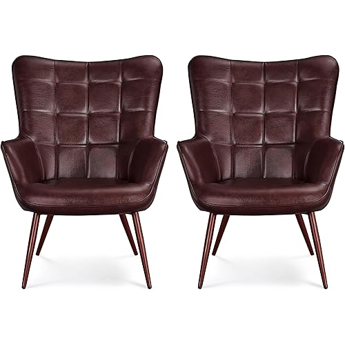 Yaheetech PU Leather Armchair, Mid-Century Accent Chair with Tapered Legs Tufted Sofa High Back Oversized Chairs for Living Room Home Office Bedroom, Chestnut Brown, Set of 2