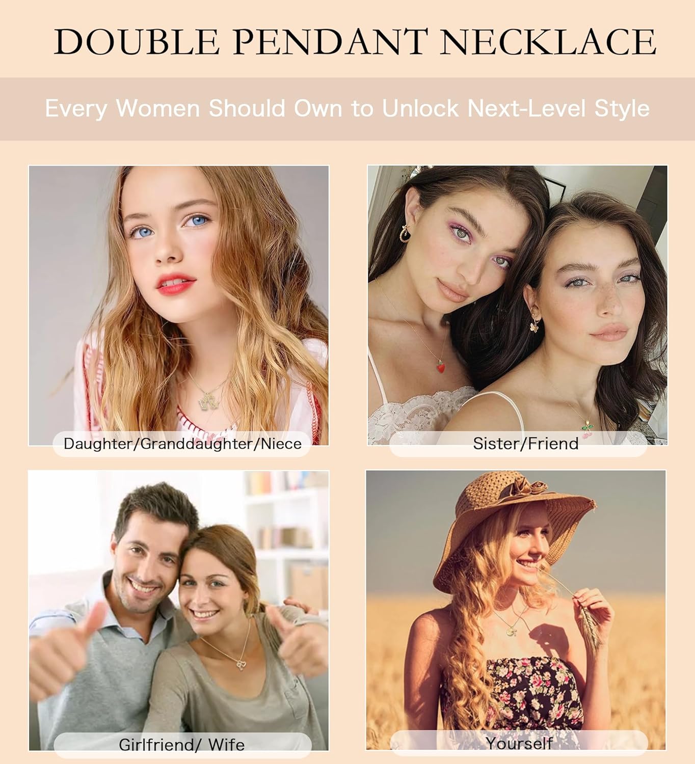 Double Pendant Necklace for Women 18k Gold Plated Necklace Cubic Zirconia Dainty Gold Necklaces for Women - Image 7