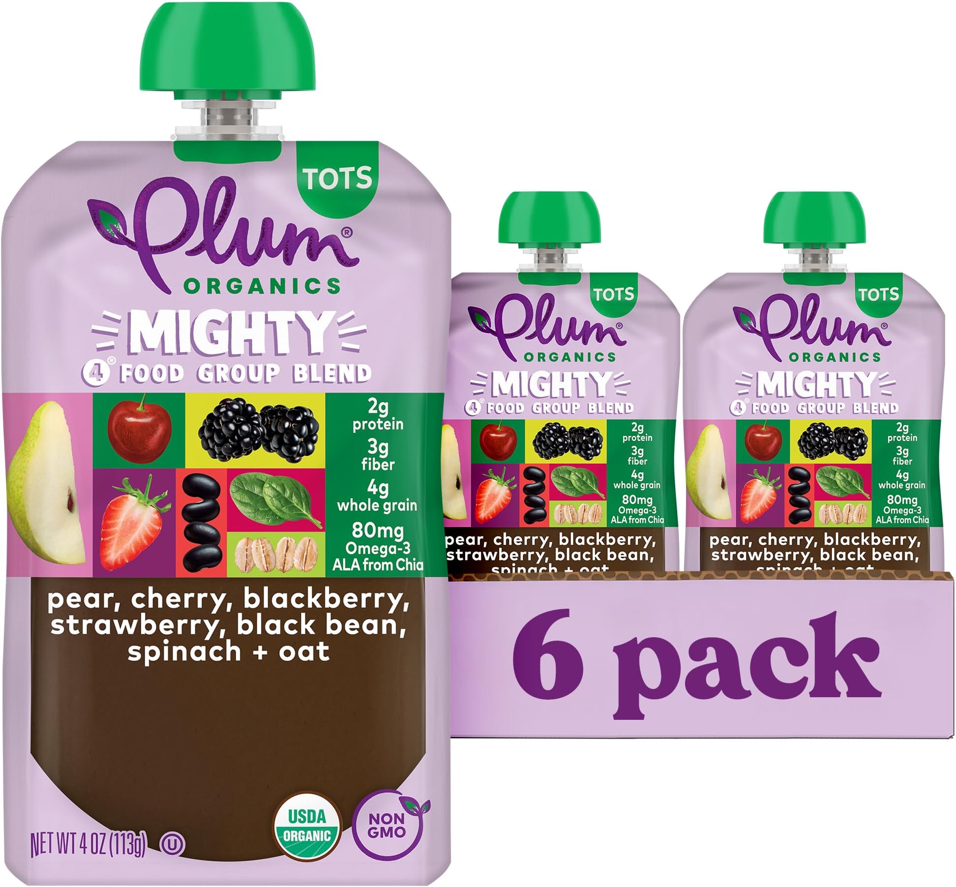 Plum Organics Mighty 4 Organic Toddler Food - Pear, Black Bean, Cherry, Blackberry, Strawberry, Oat, and Spinach - 4 oz Pouch (Pack of 6) - Organic Fruit and Vegetable Toddler Food Pouch