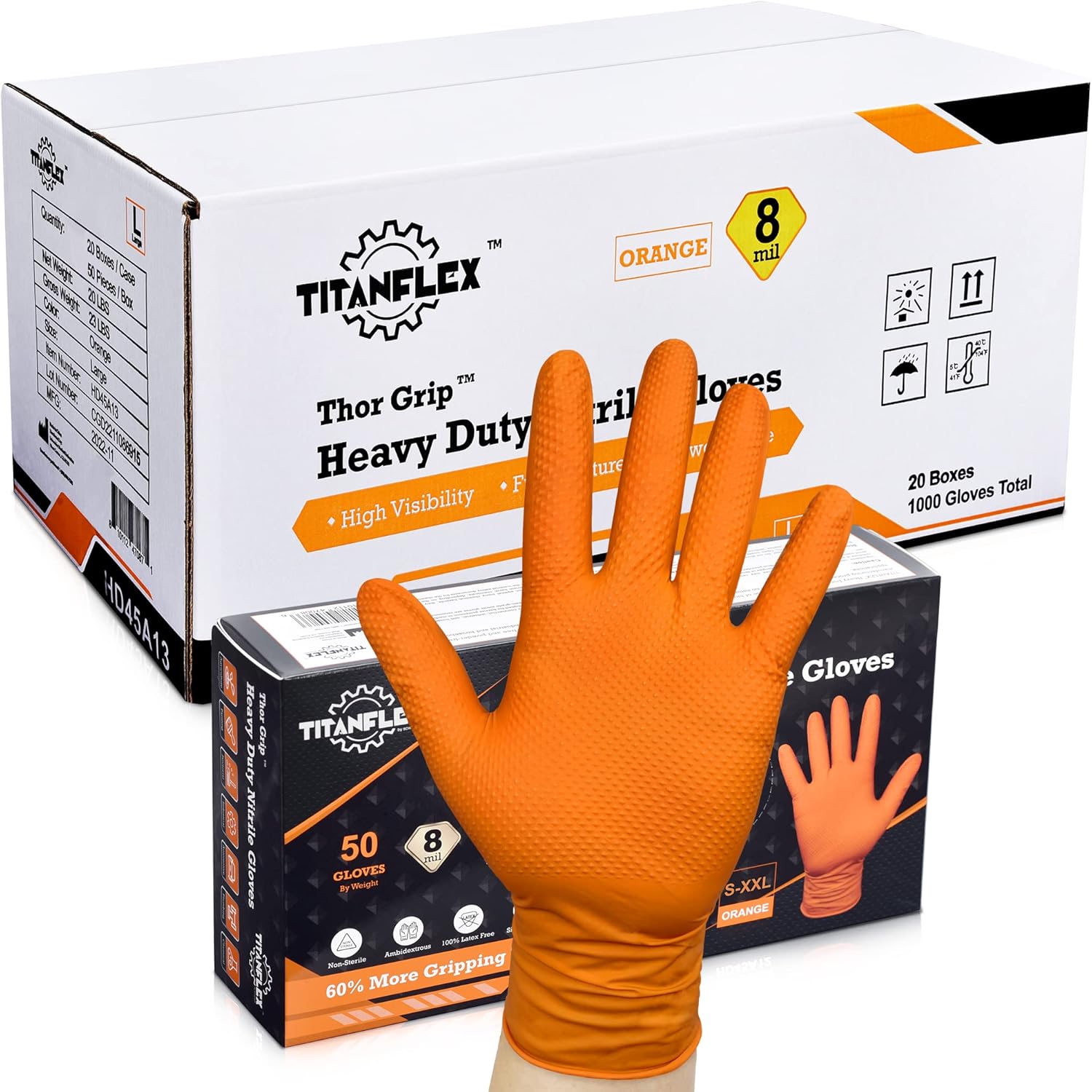 TITANflex Thor Grip Heavy Duty Industrial Orange Nitrile Gloves with Raised Diamond Texture, 8-mil, Latex Free, 50-ct Box