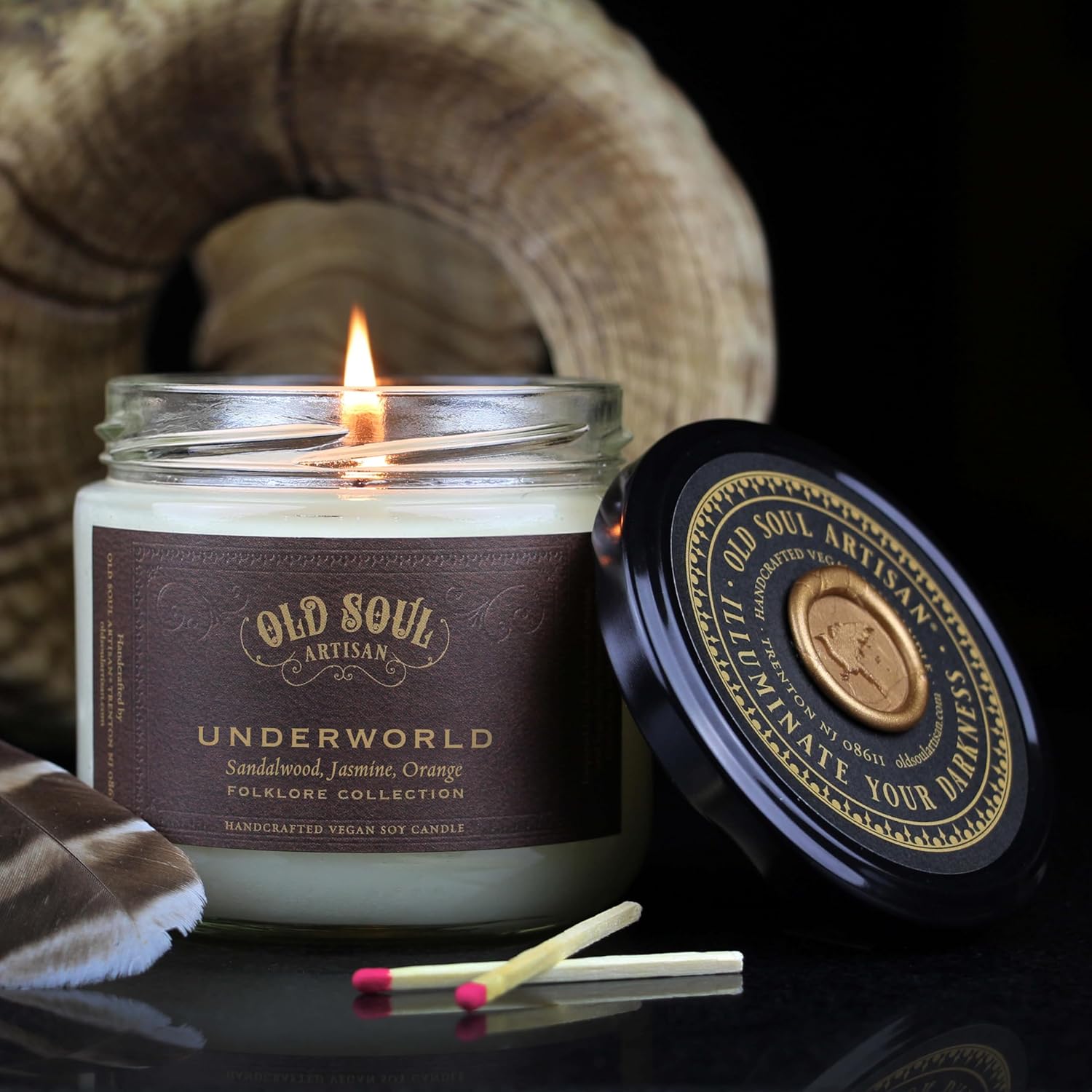 Underworld - Sandalwood, Jasmine, Orange Scented Soy Candle - Egyptian Afterlife Mythology Inspired 12 oz