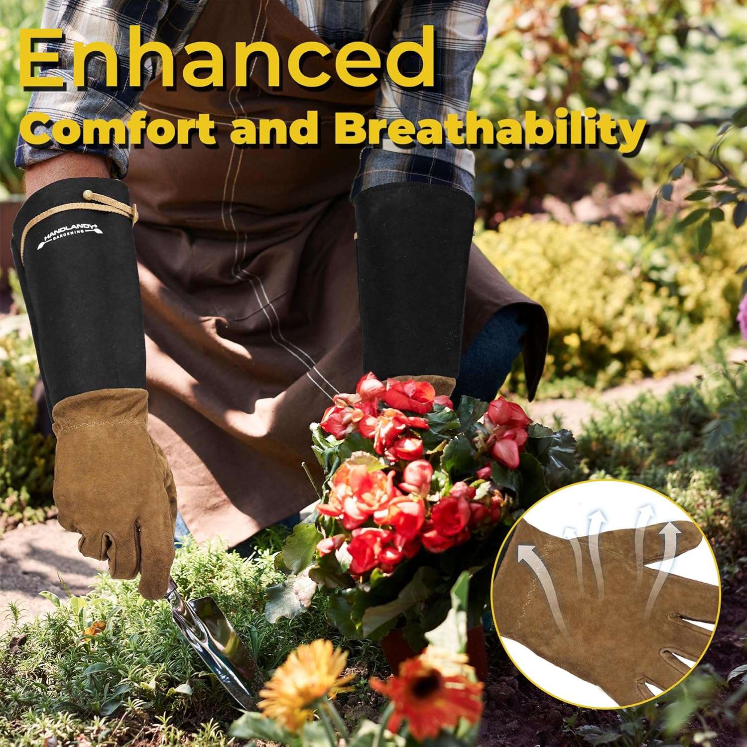 HANDLANDY Long Gardening Gloves for Men & Women, Pigskin Leather Rose Pruning Gloves, Breathable Thorn Proof Gauntlet Glove (Brown-Pigskin, M) - Image 5