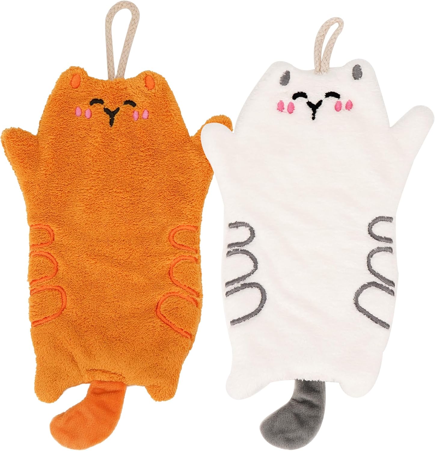 2-Pack Cat Hand Towels for Bathroom & Kitchen, Cute Hanging Coral Fleece Towels with Smiling Cat Face, Soft & Absorbent, with Loop (White, Brown)