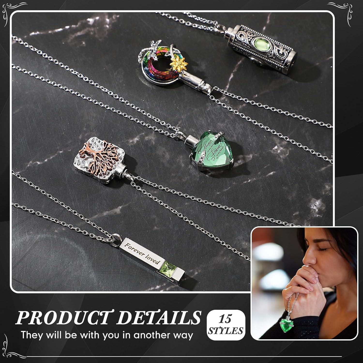 15 Pcs Urn Necklace for Ashes Women Keepsake Cremation Jewelry Stainless Steel Cross Heart Cubic Locket Ashes Necklace for Human Loved One - Image 4