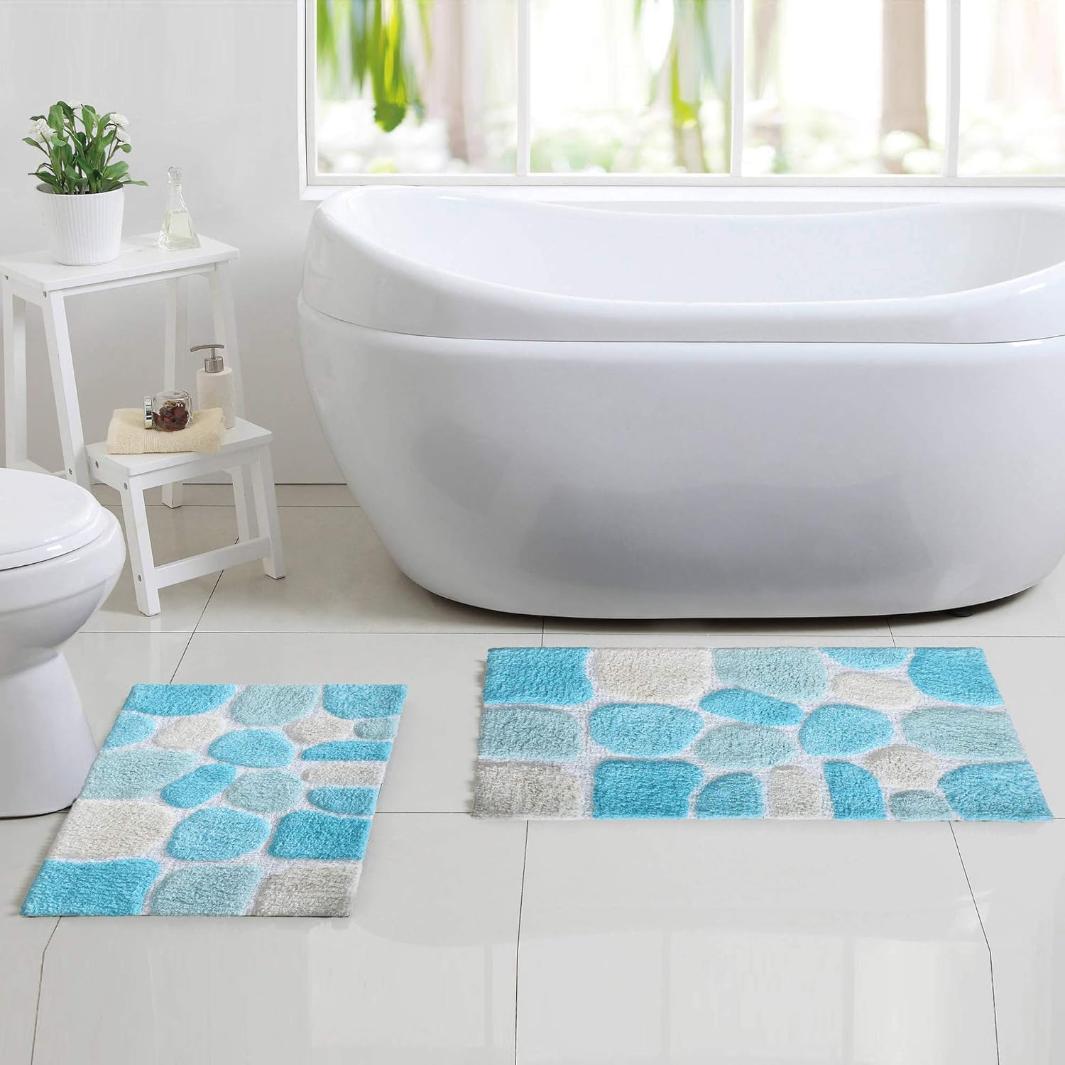 Cotton Pebble Stone Bath Rug Set of 2, 21x32/17x24 Inches - Turquoise Multi, Non Slip Quick Dry Shower Floor Rugs Ideal for Bathroom, Kitchen, Laundry Room | Soft Washable Patio Mat for Home Décor