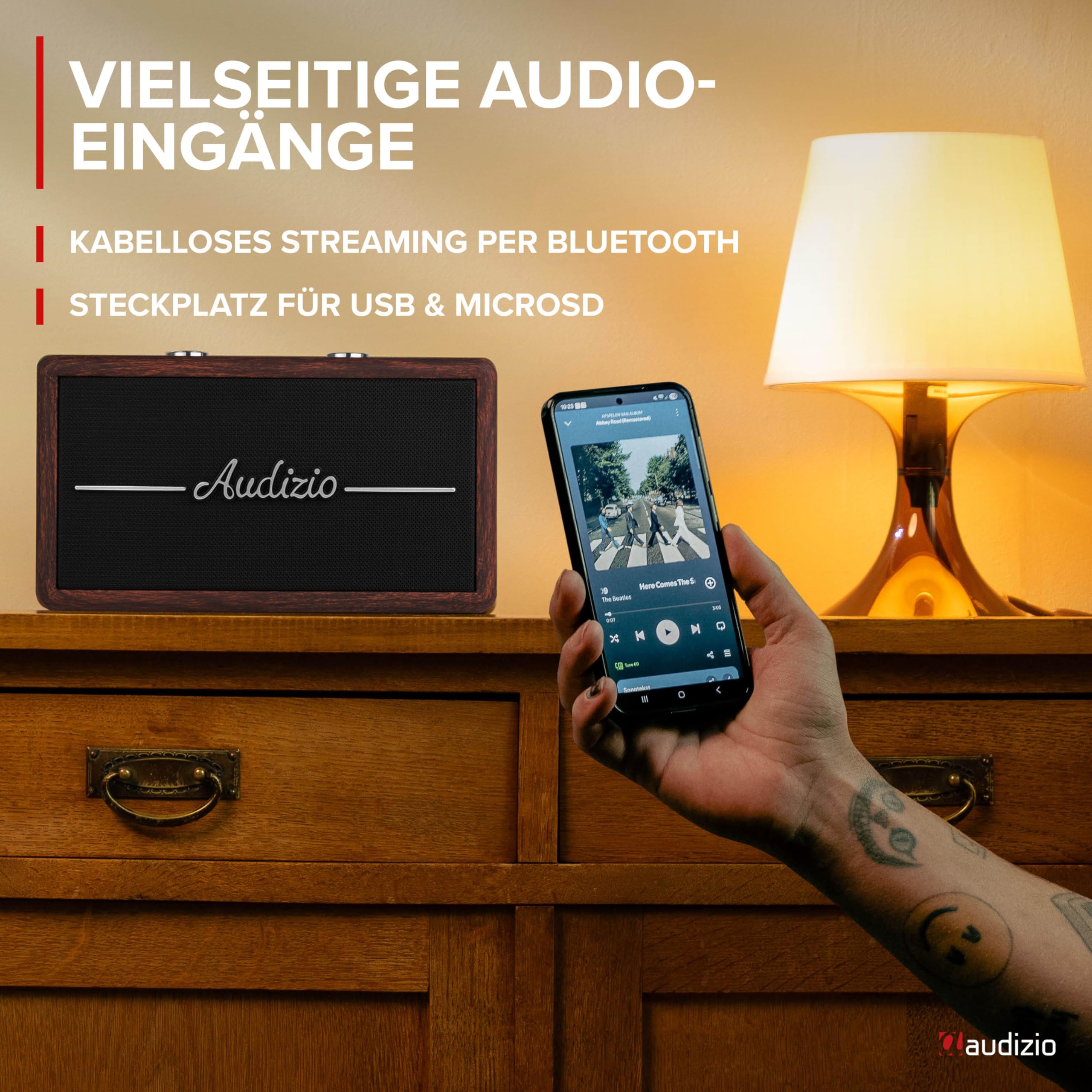 Audizio Tune60 - DAB Radio mit Bluetooth Lautsprecher, Fernbedienung, FM, 40 Watt, Batterie- Netzbetrieb, LCD, 20 Speicherplätze, USB/TF, AUX, Wecker, Leder Vintage DAB+ Radio - Dunkelbraun