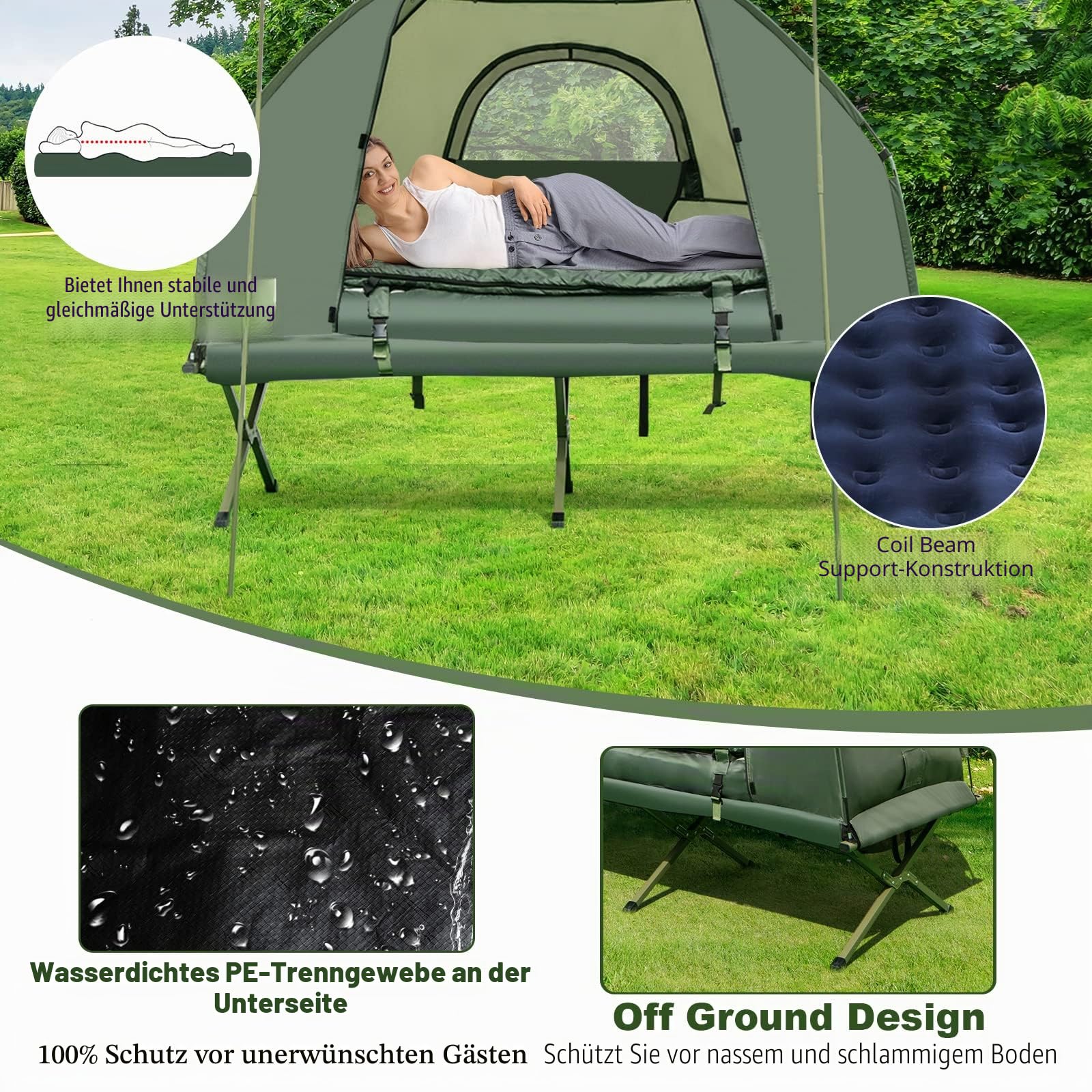 HOMASIS Campingzelt mit Feldbett, Campingbett mit Sonnendach, Kuppelzelt mit Luftmatratze & Schlafsack, Zelt mit Tragtasche für eine Person, Metallrahmen, Grün