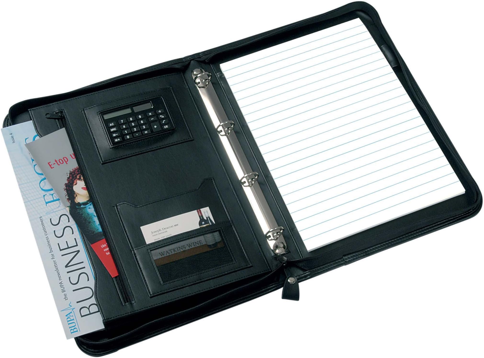 Staples A4 Zipped Conference Portfolio Ringbinder Folder Black Leather Document Folio with Built-in Calculator