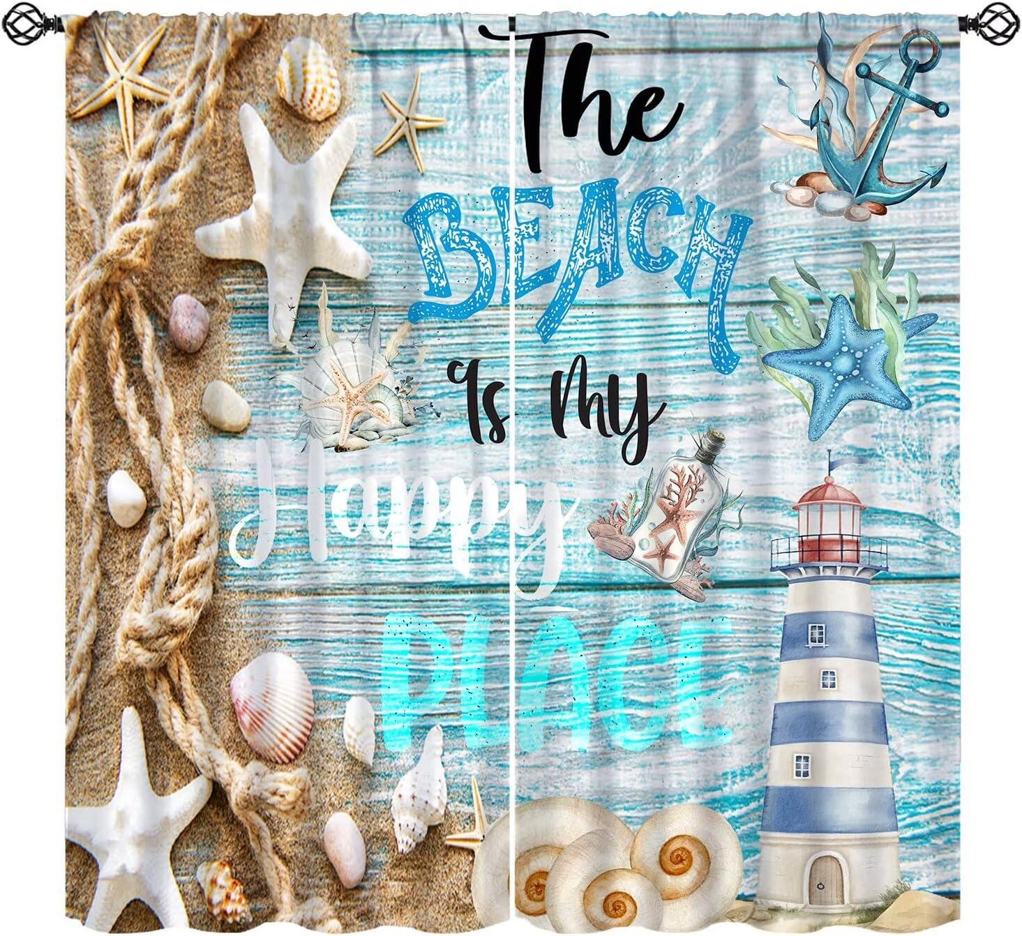 Beach Blackout Curtain Ocean Starfish Sand Seashells Lighthouse Wooden Board Drift Bottle Window Drapes for Bedroom Living Room Kitchen Cafe （W21xL54 Inch） x2 Panels