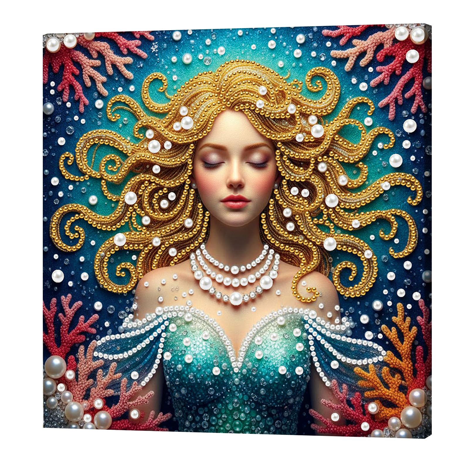 DIY Pearl Painting Kit with Wooden Frame, 3D Plastic Pearl Gemstone Ocean Art Craft for Adults Beginners, Diamond Dot Painting, Home Wall Decor Ready Gift for Women(Mermaid)(25 * 25cm)