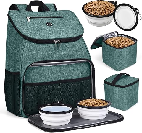 Dog Travel Bag, Airline Approved Pet Backpack with Collapsible Bowls and Food Baskets, Green