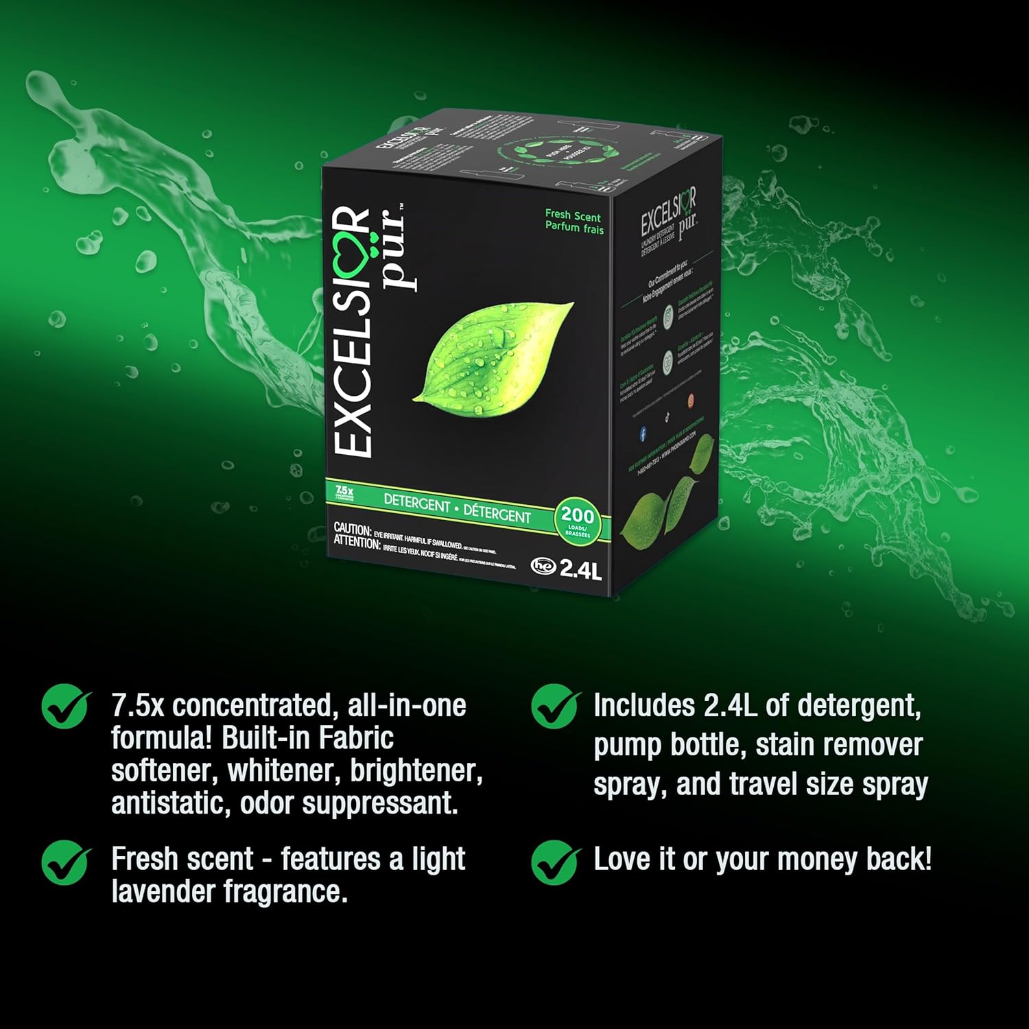 Excelsior Pür 7.5x Ultra Concentrated Liquid Laundry Detergent, 2.4 L / 200 Loads, All-in-One Formula with Odor Suppressant, Includes 120 mL Stain Remover + Eco Dispenser
