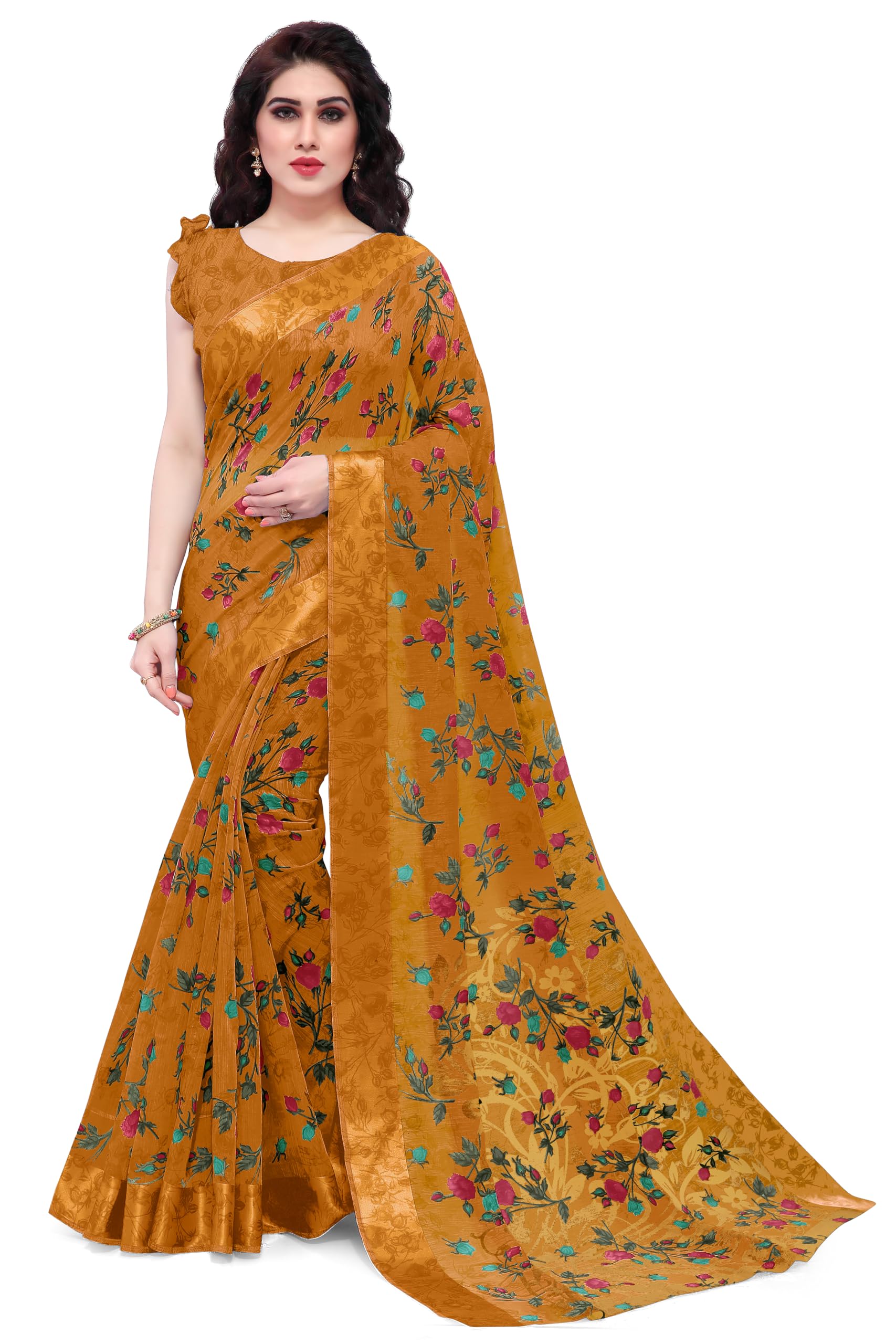MIRCHI FASHIONWomen's Fancy Cotton Blend Tropical Floral Printed Saree with Blouse Piece