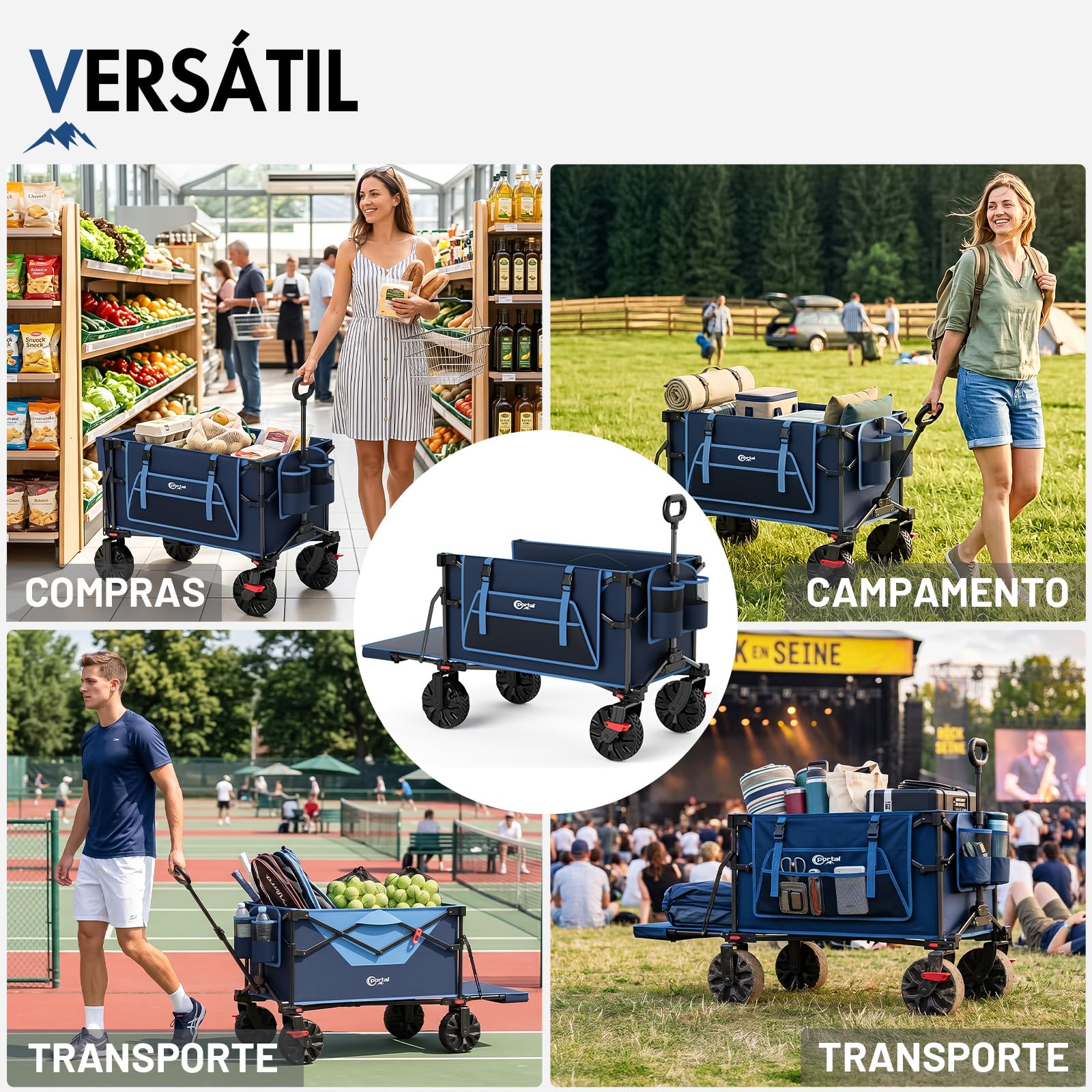 Portal Carro Playa Plegable XXL 400L – Carro Plegable de Playa con Ruedas Grandes y Portón Trasero Abatible, Capacidad 210 kg, con Freno – Vagón para Camping, Jardín y Festivales