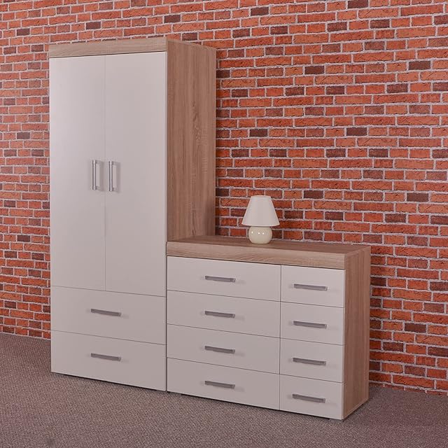 2 Door 2 Drawer Wardrobe & 4+4 Drawer Chest in White & Sonoma Oak Bedroom Furniture Set 8 Draw
