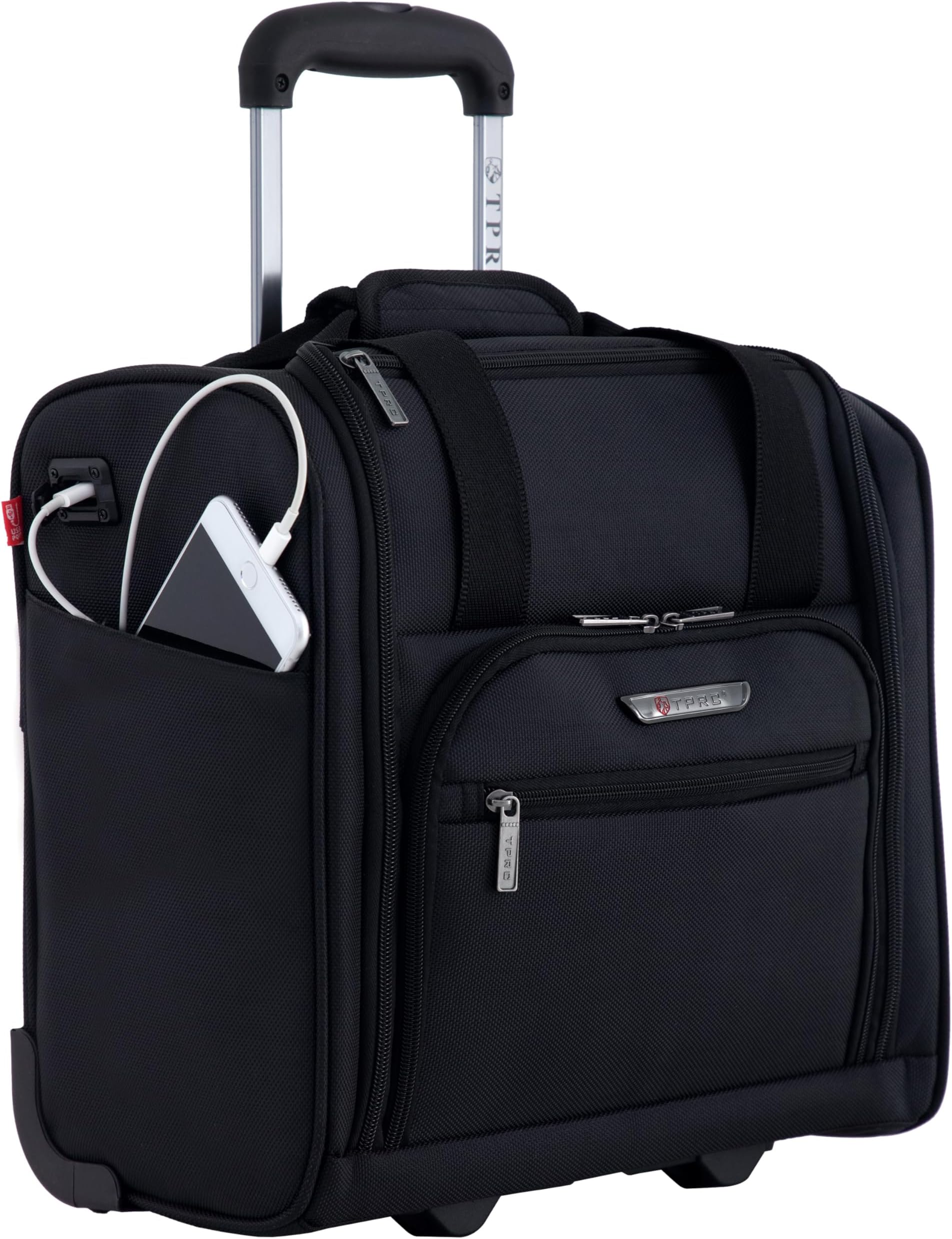 15” Underseat Carry-On Luggage Airline Approved Personal Item with USB Charging Port, Black