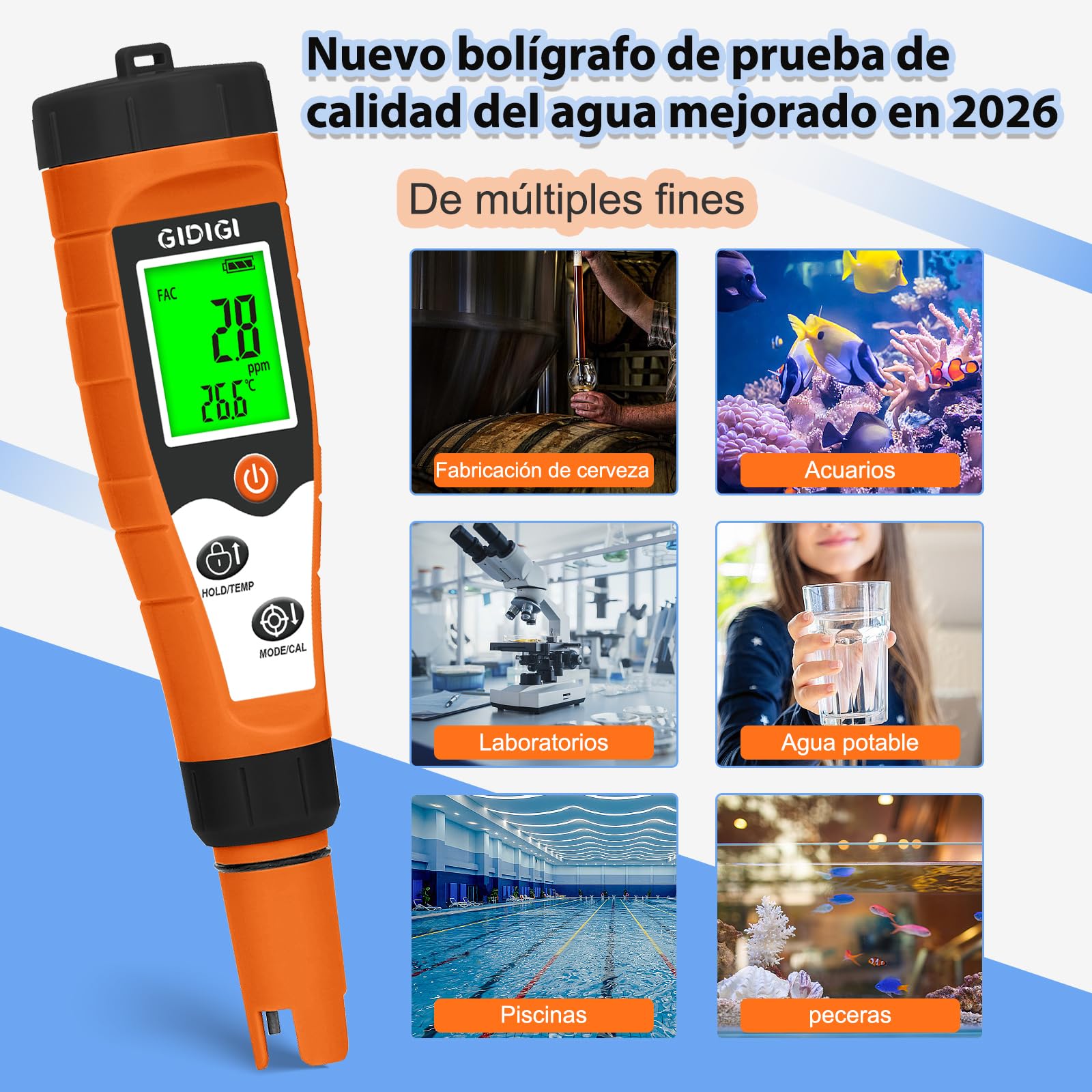 Medidor Cloro pH y Salinidad Piscinas, 7 en 1 pH FAC Sal ORP EC TDS y Temp, Medidor de Cloro para Piscinas, SPA, Acuarios, Hidroponía y Agua Potable, Medidor pH y Cloro Piscina Digital