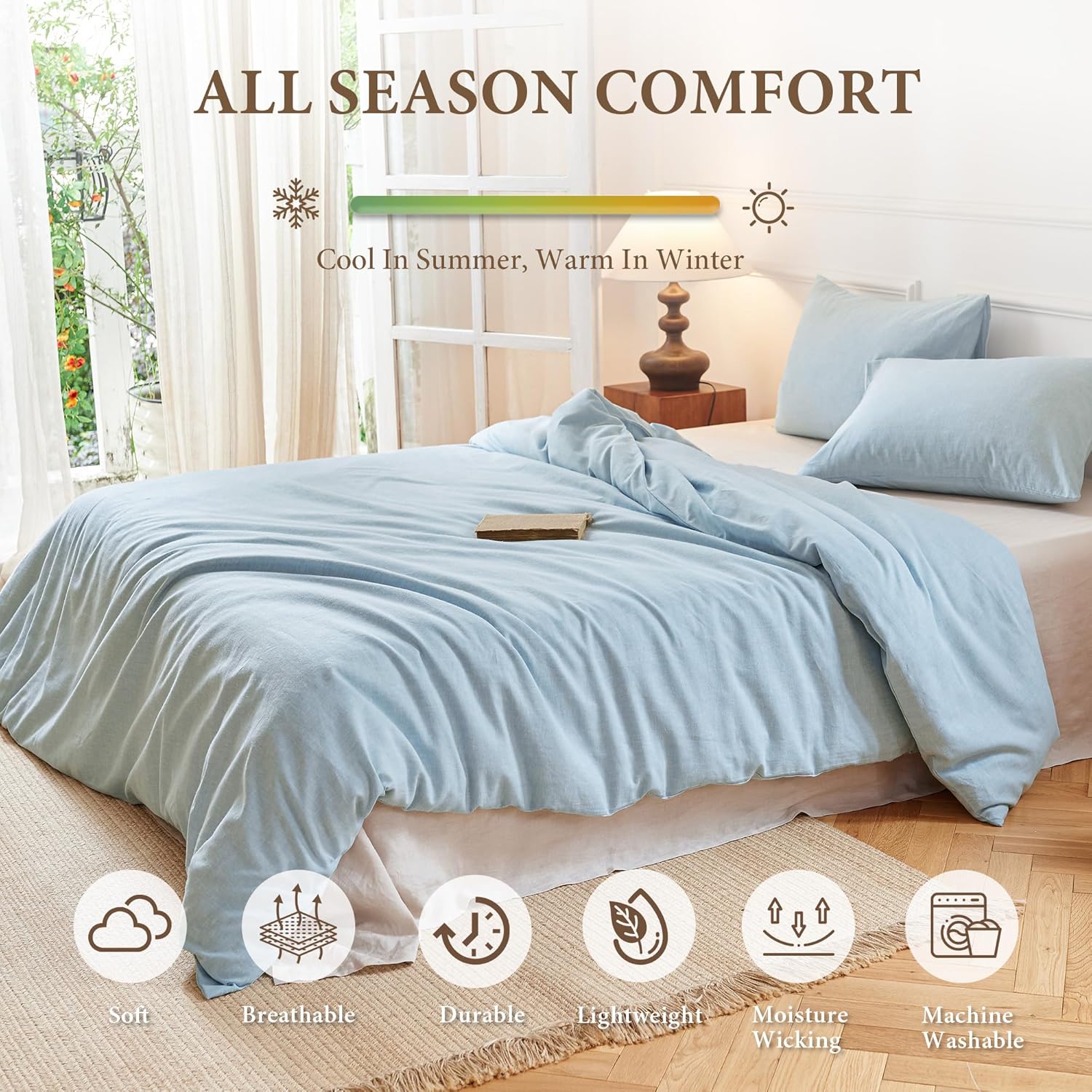 Simple&Opulence Linen Duvet Cover Set Queen Size - French Linen Cotton Woven Blend in Light Blue, 3 Pieces (1 Comforter Cover 88x92” + 2 Pillowcases), Soft & Breathable All-Season Farmhouse Bedding