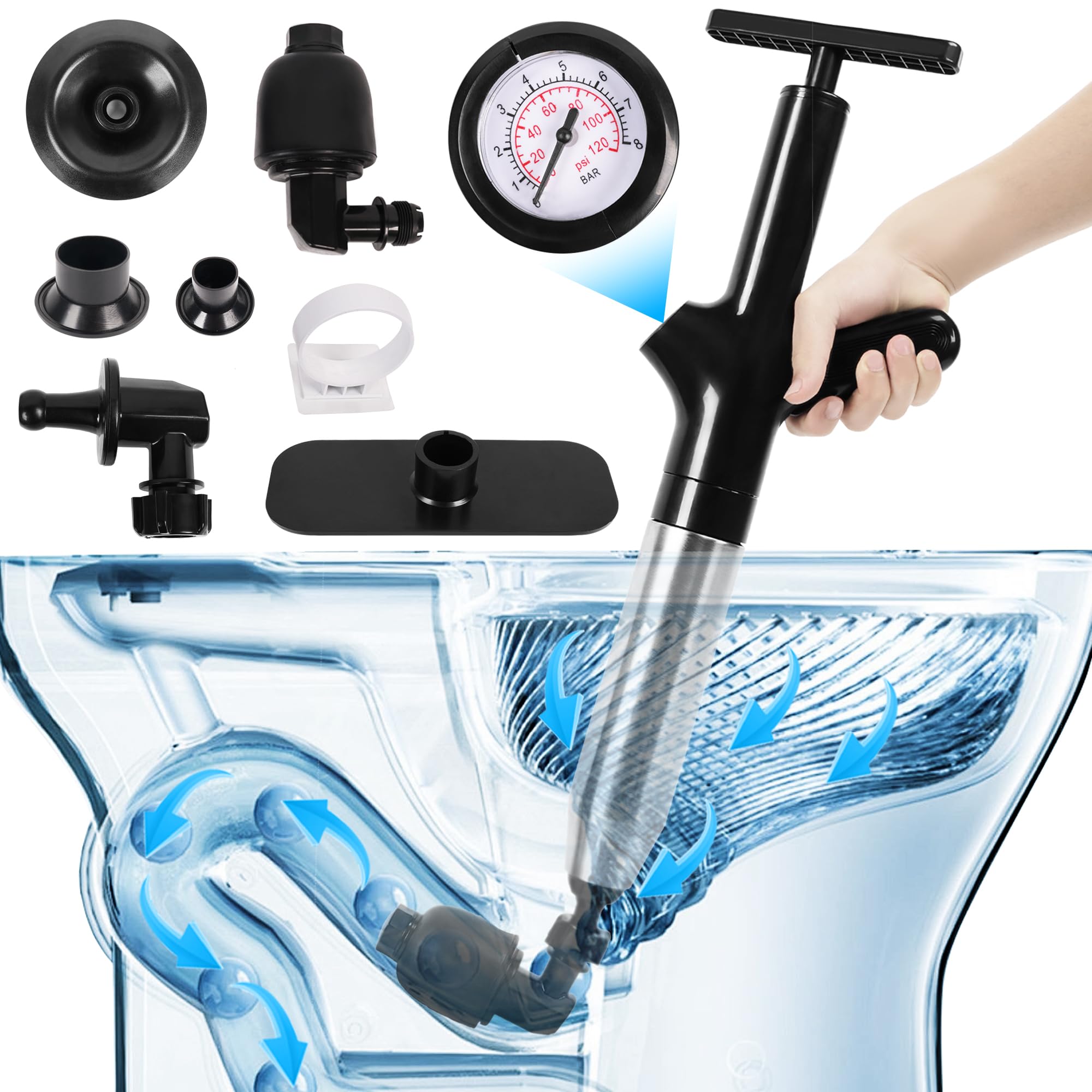 Déboucheur à air comprimé pour toilettes, déboucheur de canalisations, déboucheur à air comprimé haute pression avec baromètre en temps réel, puissant furet de débouchage, déboucheur pour lavabo, outi