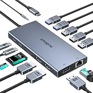 USB C Laptop Docking Station with 2 HDMI 4K@60Hz+DP 8K@30Hz for Dell HP Thinkpad Surface, 15 in 1 USB C Hub Triple Display Multiple Adapter, Dongle with USB A Port+Button+PD+Ethernet+SD/TF+Audio