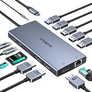 ZMUIPNG USB C Laptop Docking Station Dual Monitor 15 in 1 USB-C Hub Multiport Adapter with Dual 4K HDMI+8K DisplayPort+USB A&C Port+Button+PD+Ethernet+SD/TF+Mic/Audio for Dell HP Lenovo etc