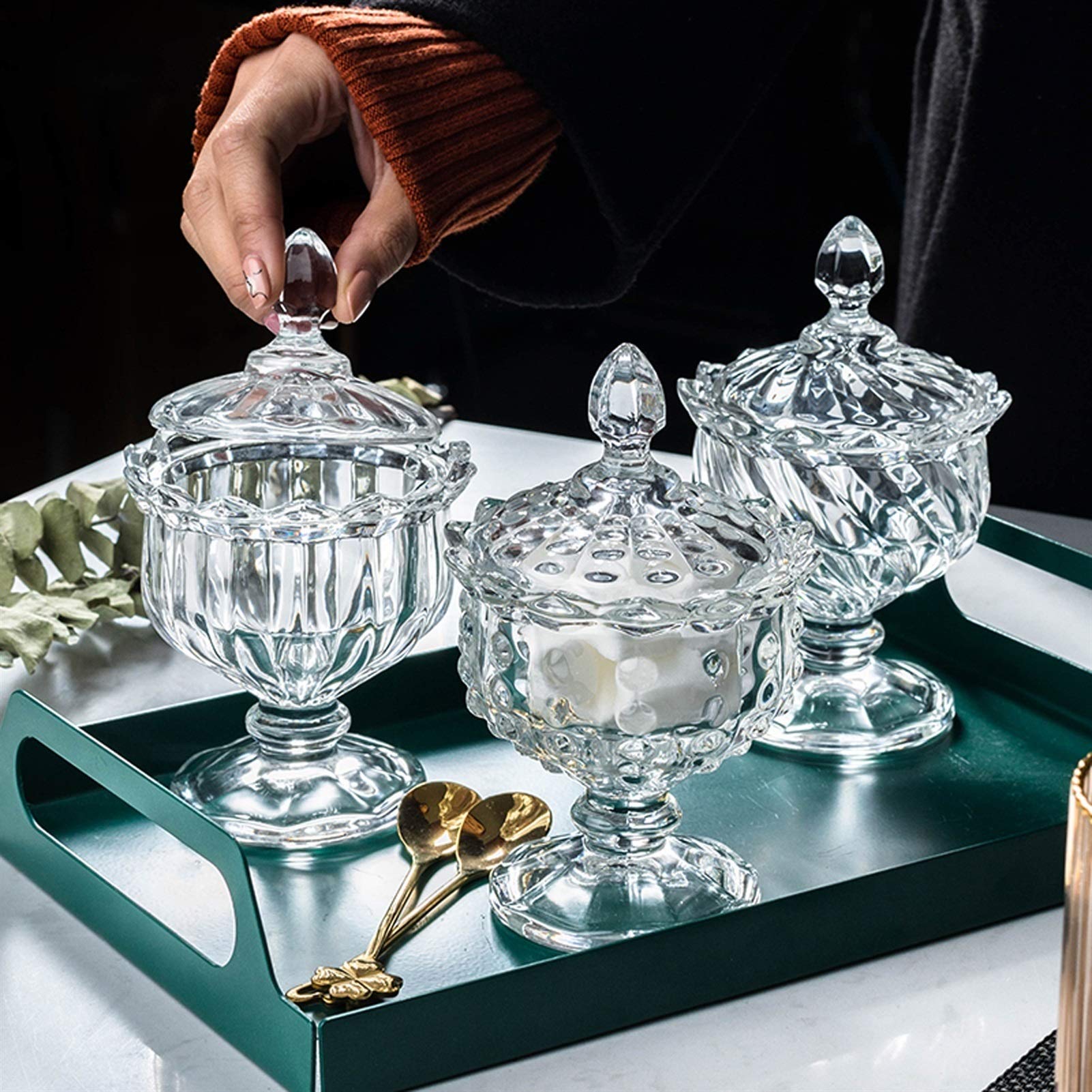 sucrier Bol à Sucre en Verre Tall Sugar Bowl Fleur Thé Réservoir Transparent Cube Cube Cube Bol avec Couvercle Anti-poussière (Trois Styles) Bocal à Bonbons (Color : C)