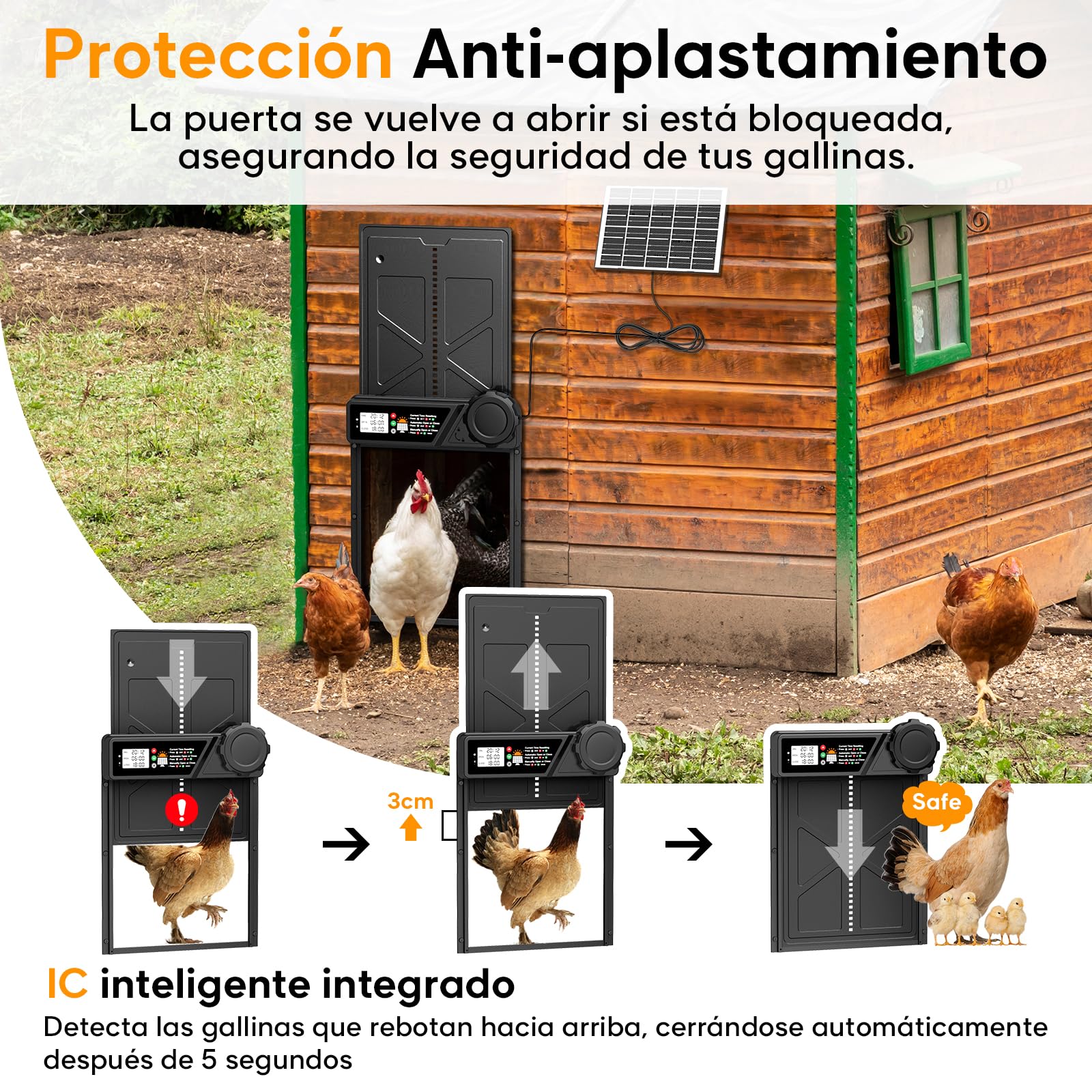 Puerta automática para gallinero solar con pantalla LCD impermeable, temporizador, control remoto, función antipellizco, negro