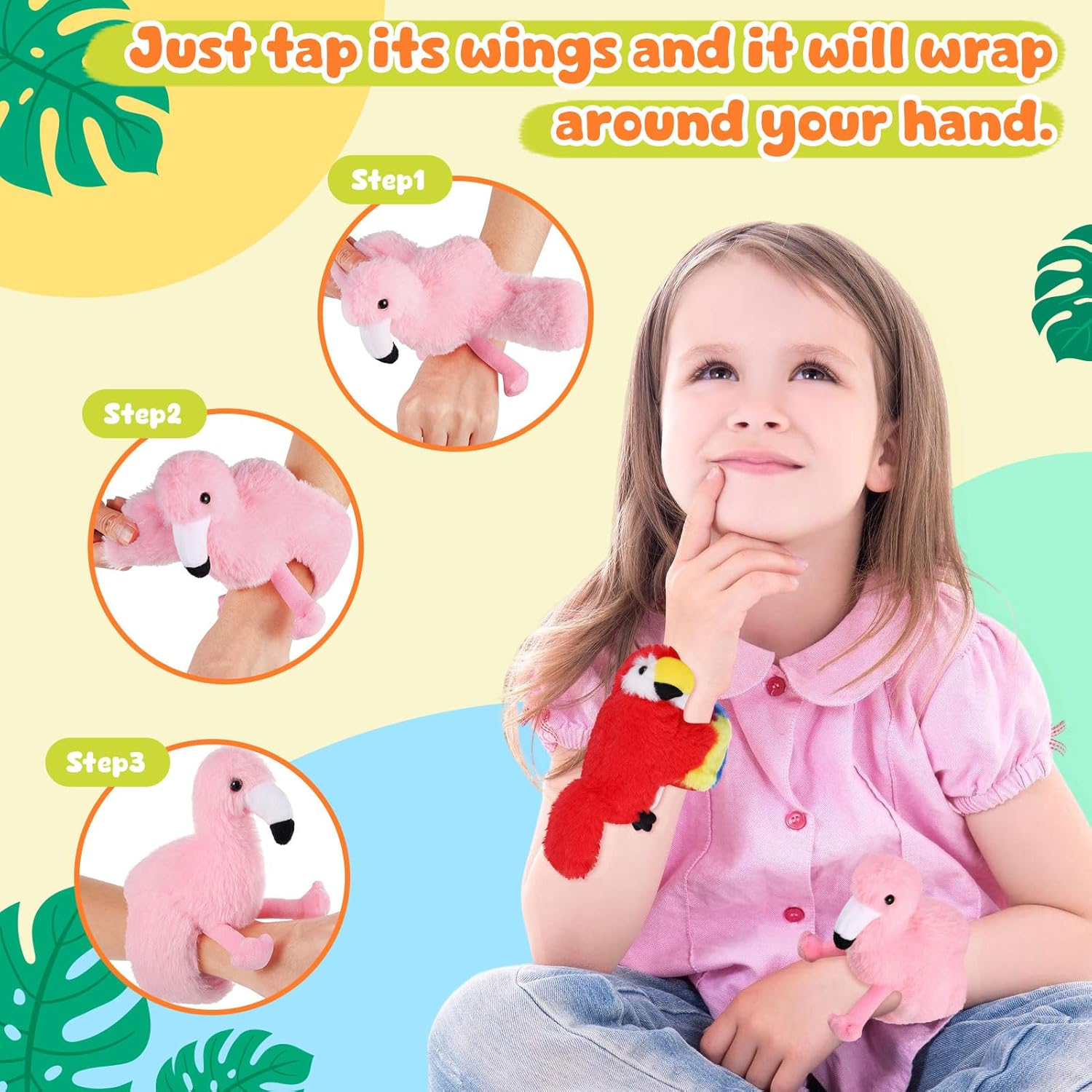 6 Pcs Bird Stuffed Animal Slap Bracelets Cute Parrot Eagle Flamingo Owl Plush Animal Wrist Snap Bracelets for Kids Birthday Boys Girls Gift