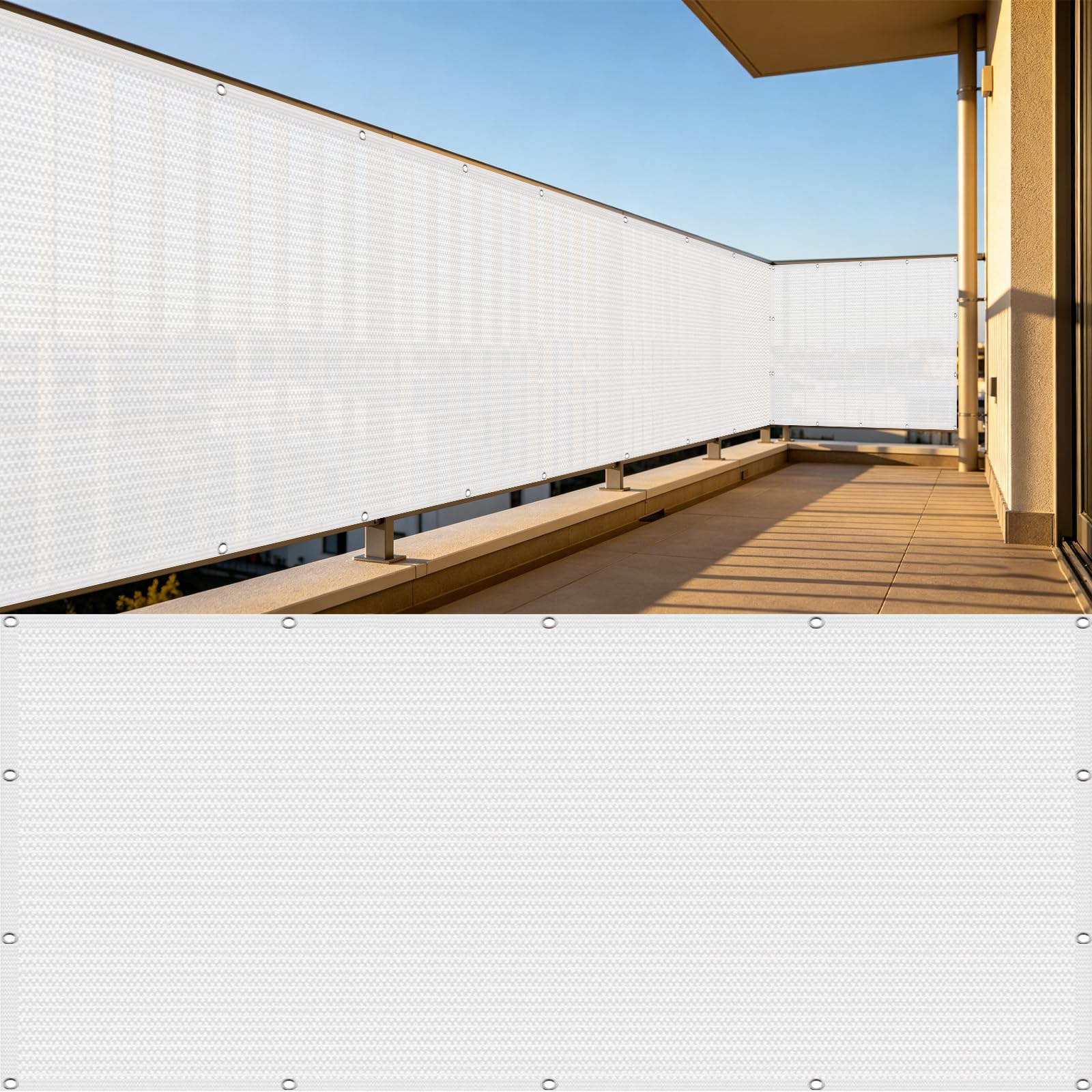 Telo Balcone 110 x 900 cm in HDPE 220G ㎡, Frangivento, Protezione Solare, Permeabile, Anti-Uv, Recinzione Copertura per Balcone con Fascette e Funi para Exterior Terraza, Bianco