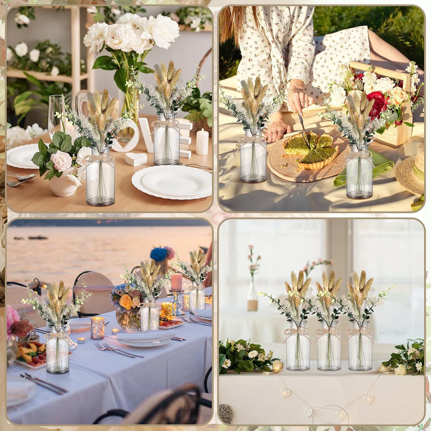 Janinka 10 Sets Mason Jar Table Centerpieces for Dining Room Boho Mason Jars for Centerpiece Vintage Glass Vase with Eucalyptus Leaves Dried Sage for Xmas Wedding Engagement Party - Image 5