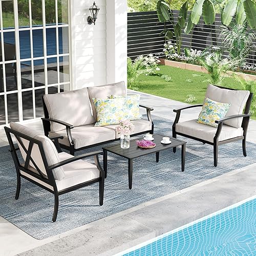 4-Piece Patio Furniture Set, Wider Outdoor Metal Seating Sofa with High Back & Loveseat, Coffee Table, All Weather Metal Conversation Set for Backyard, Poolside, Deck-Beige