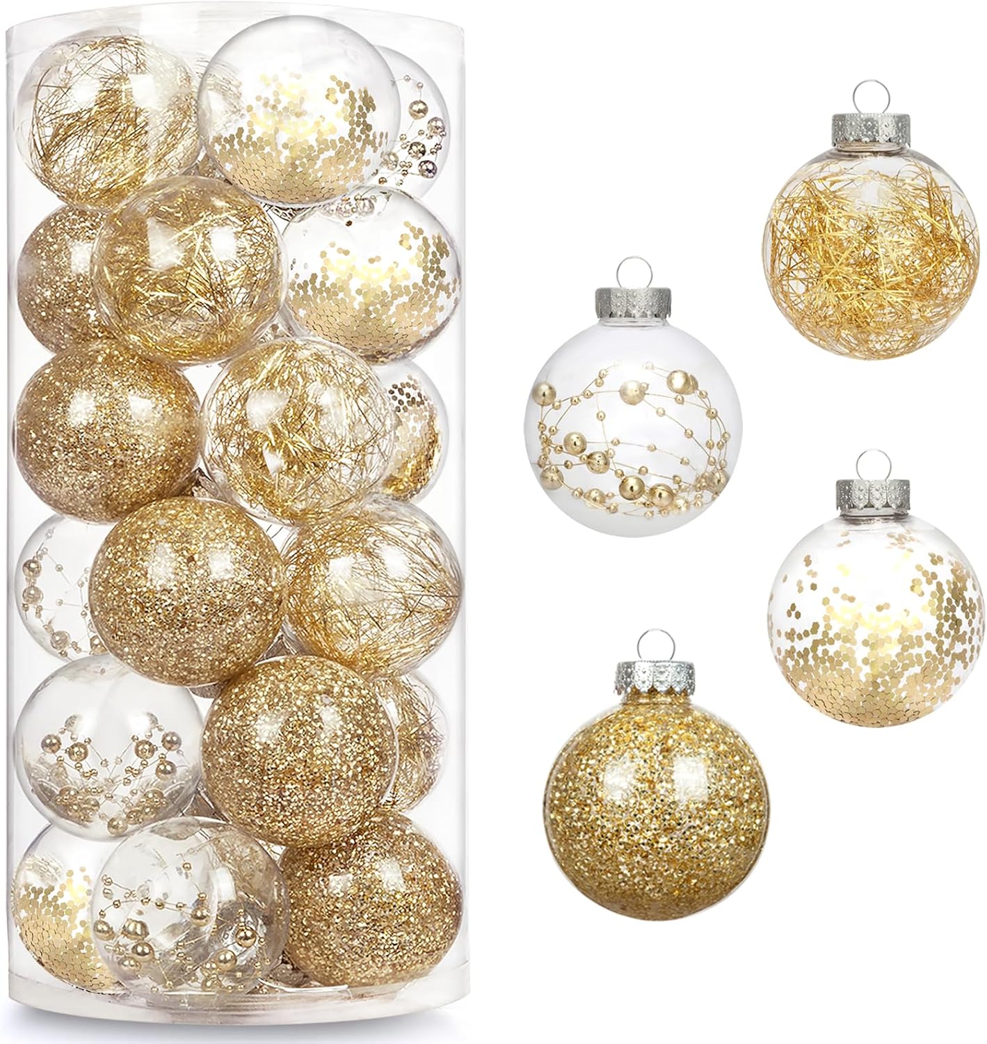 AMS 24ct Clear Christmas Ball Ornaments, 2.36''/60mm Shatterproof Hanging Xmas Balls Baubles Set for Christmas Tree with Stuffed Delicate Decorations for Wedding Christmas (Gold) 60mm Gold