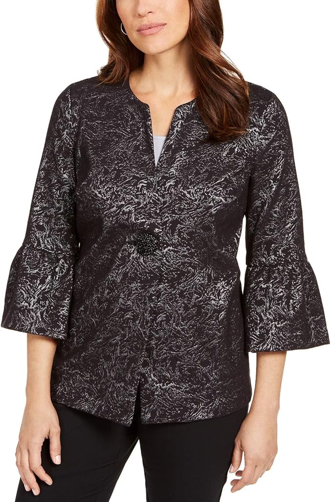 JM Collection Women's Metallic Jacquard BellSleeve Jacket Black Size X