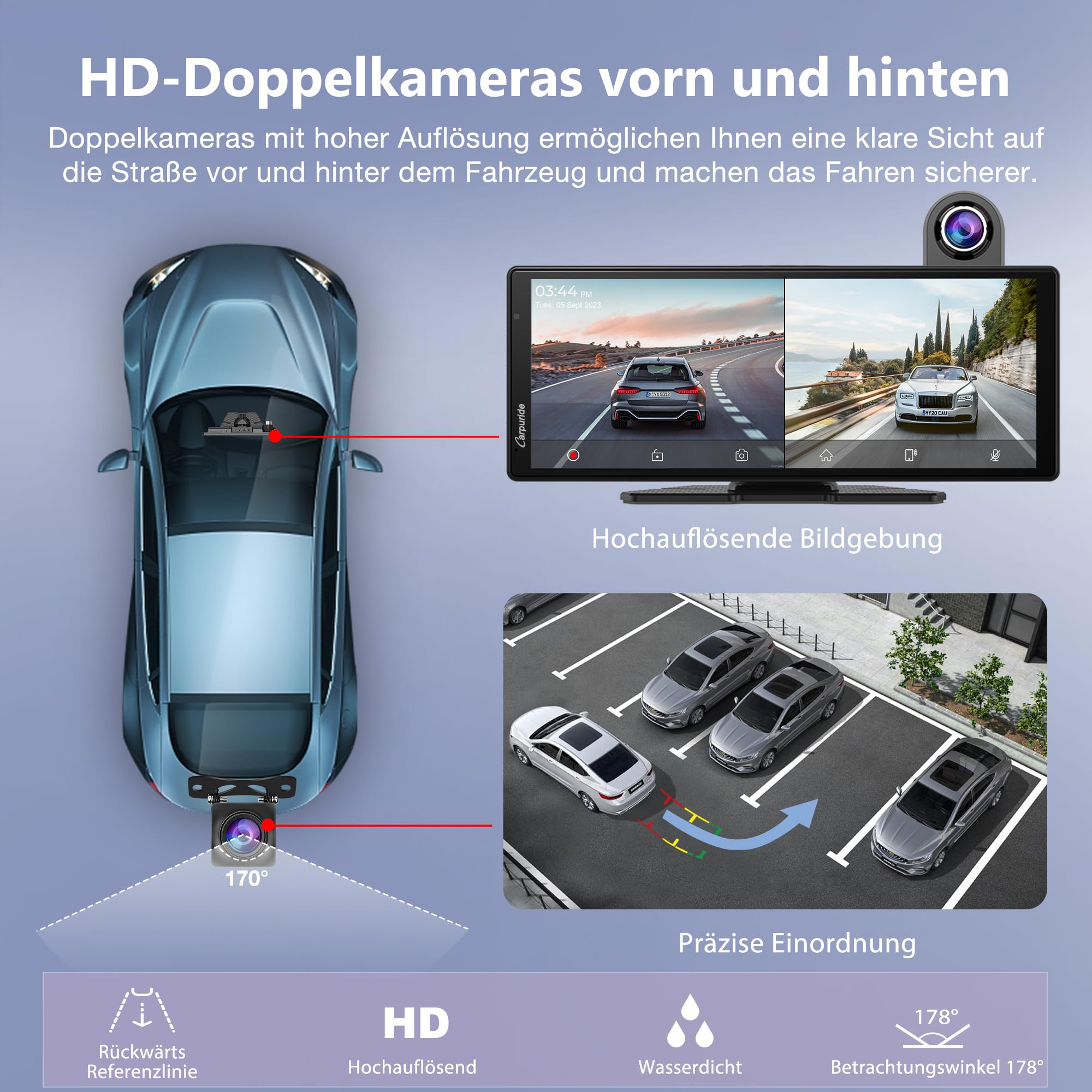 CARPURIDE Kabelloses Carplay & Android Auto mit Dashcam – 10.26-Zoll-HD-IPS-Touchscreen fürs Auto, 4K-Front- und 1080P-Rückkamera, Loop-Aufnahme, Bluetooth-Audio, Mirror Link, GPS, Siri